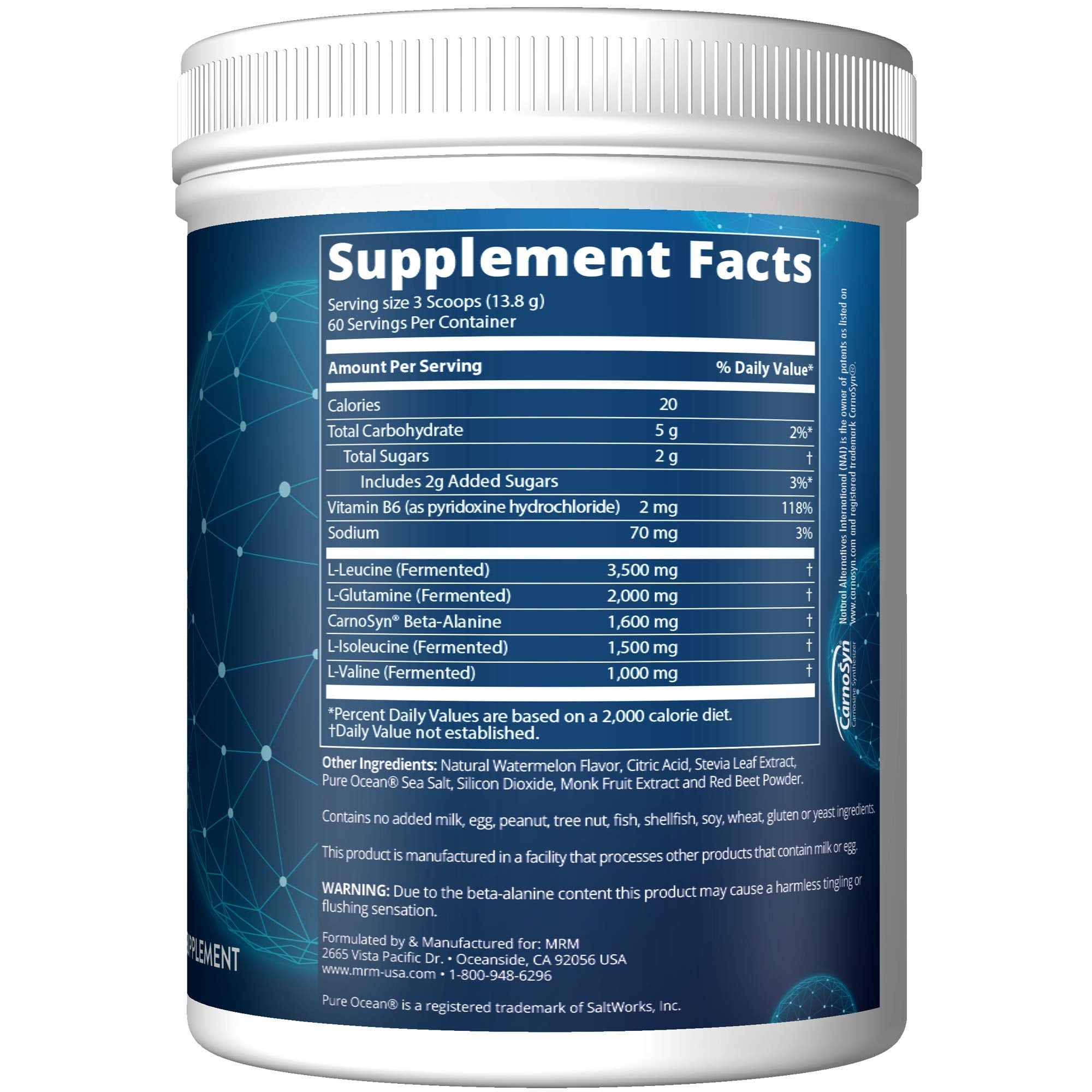 MRM BCAA+G RELOAD nutritional information label