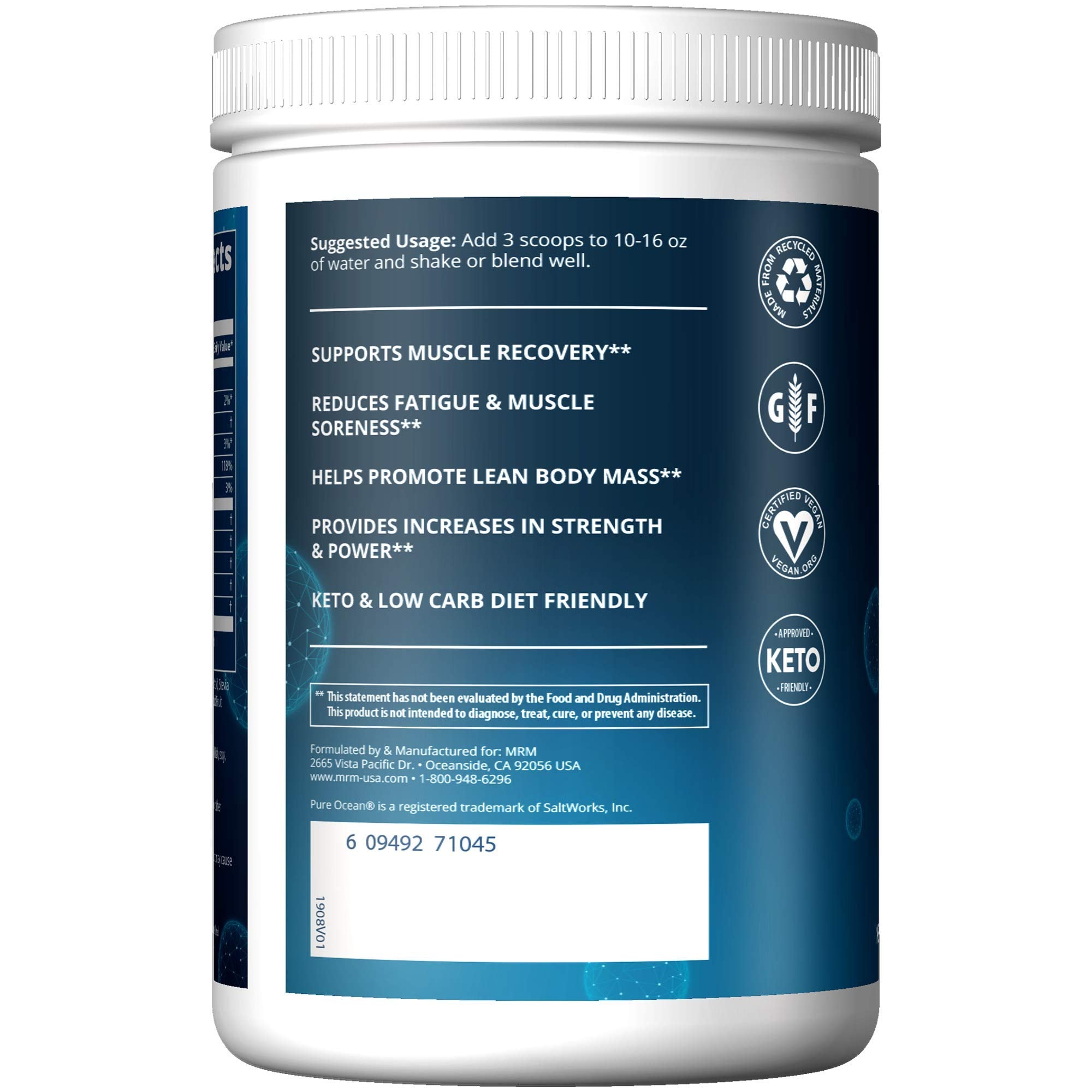 MRM BCAA Post-Workout Supplement 27g back view showing nutritional information