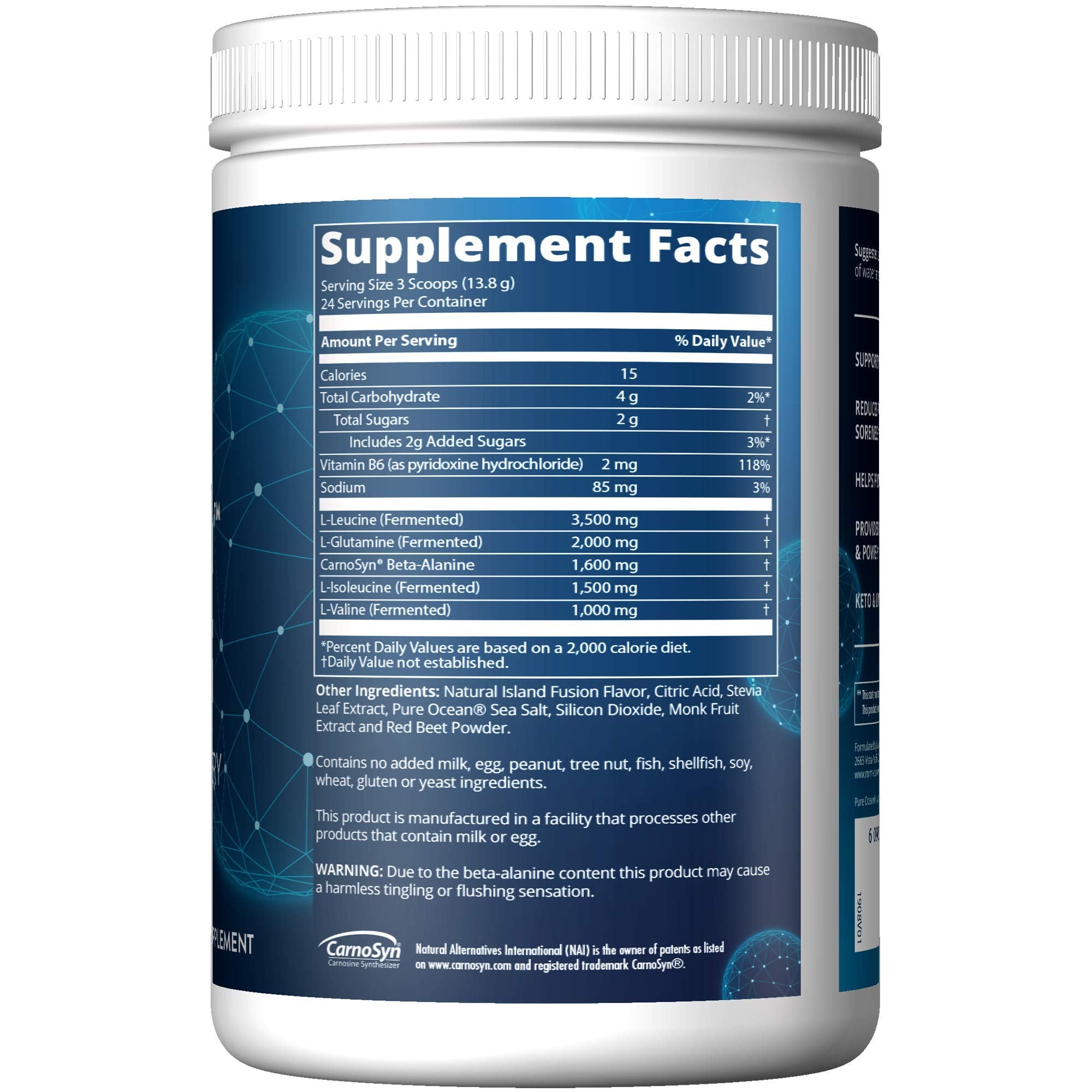 MRM BCAA Post-Workout Supplement 27g side view with scoop