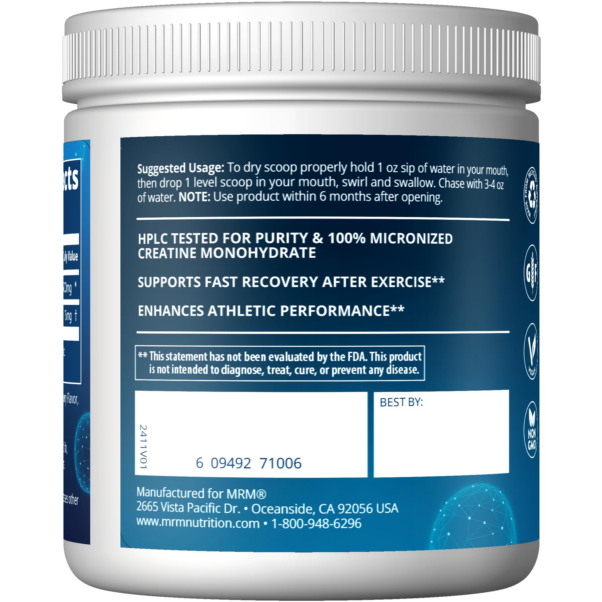 MRM Creatine Powder 91g back view with nutritional information