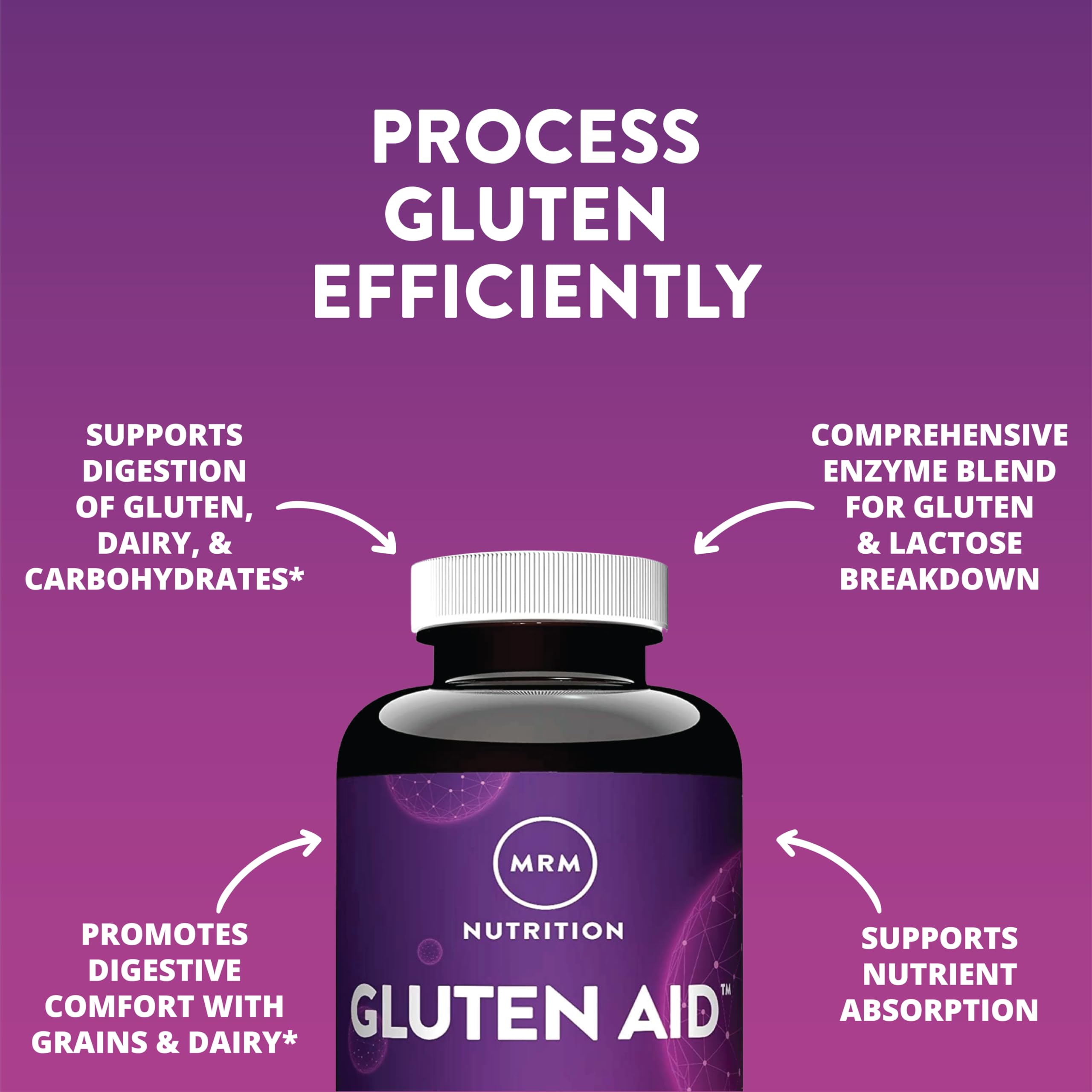 MRM Gluten-Aid Multi-Enzyme Capsules on a wooden table