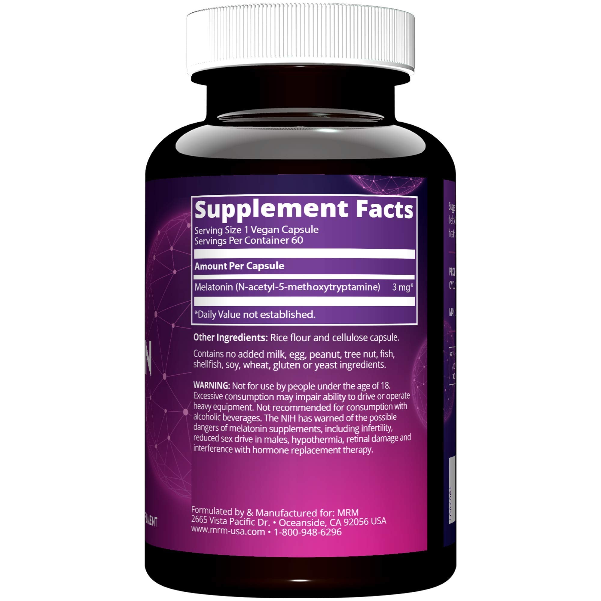 MRM Melatonin 3 mg capsules showing dosage details