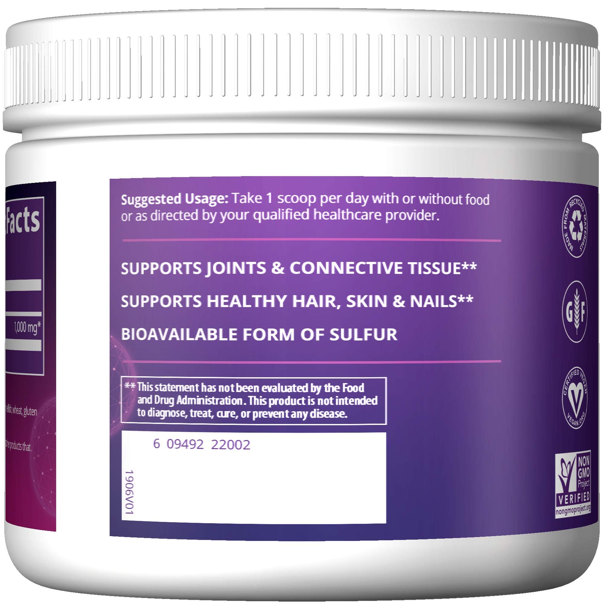 MRM MSM Powder 1000mg 200g back view with nutritional information