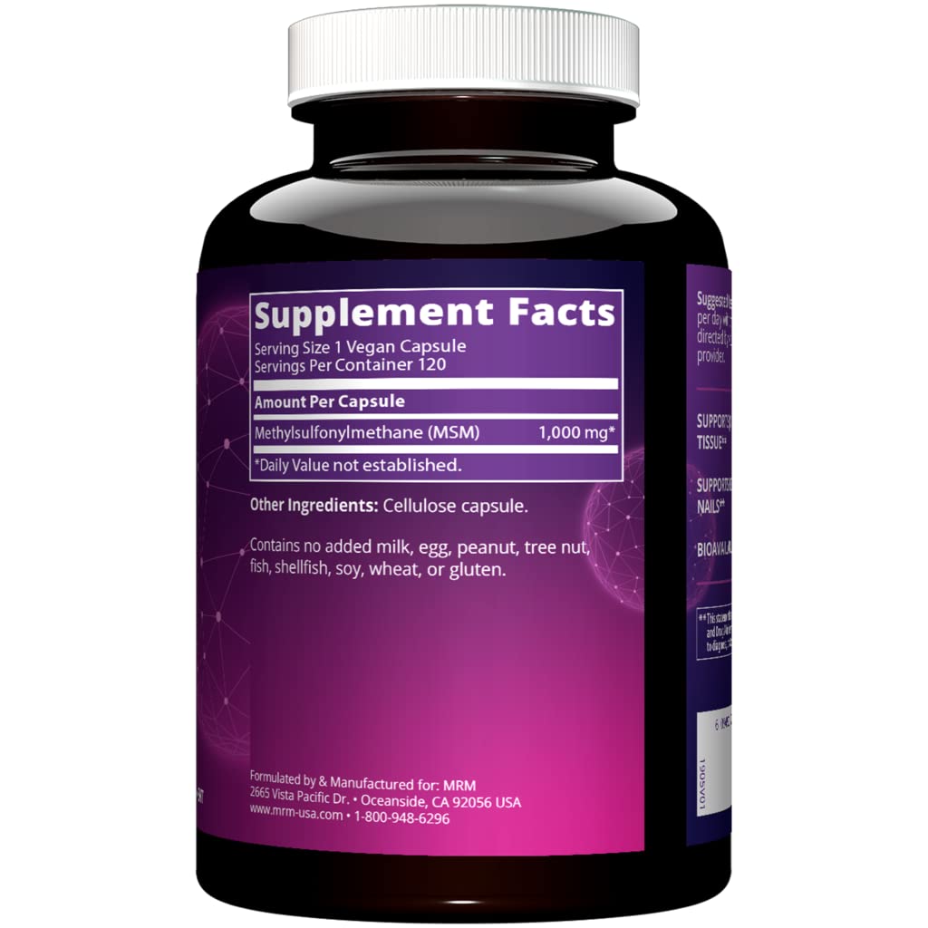 MRM MSM Sulfur Support 1000mg vegan capsules side view