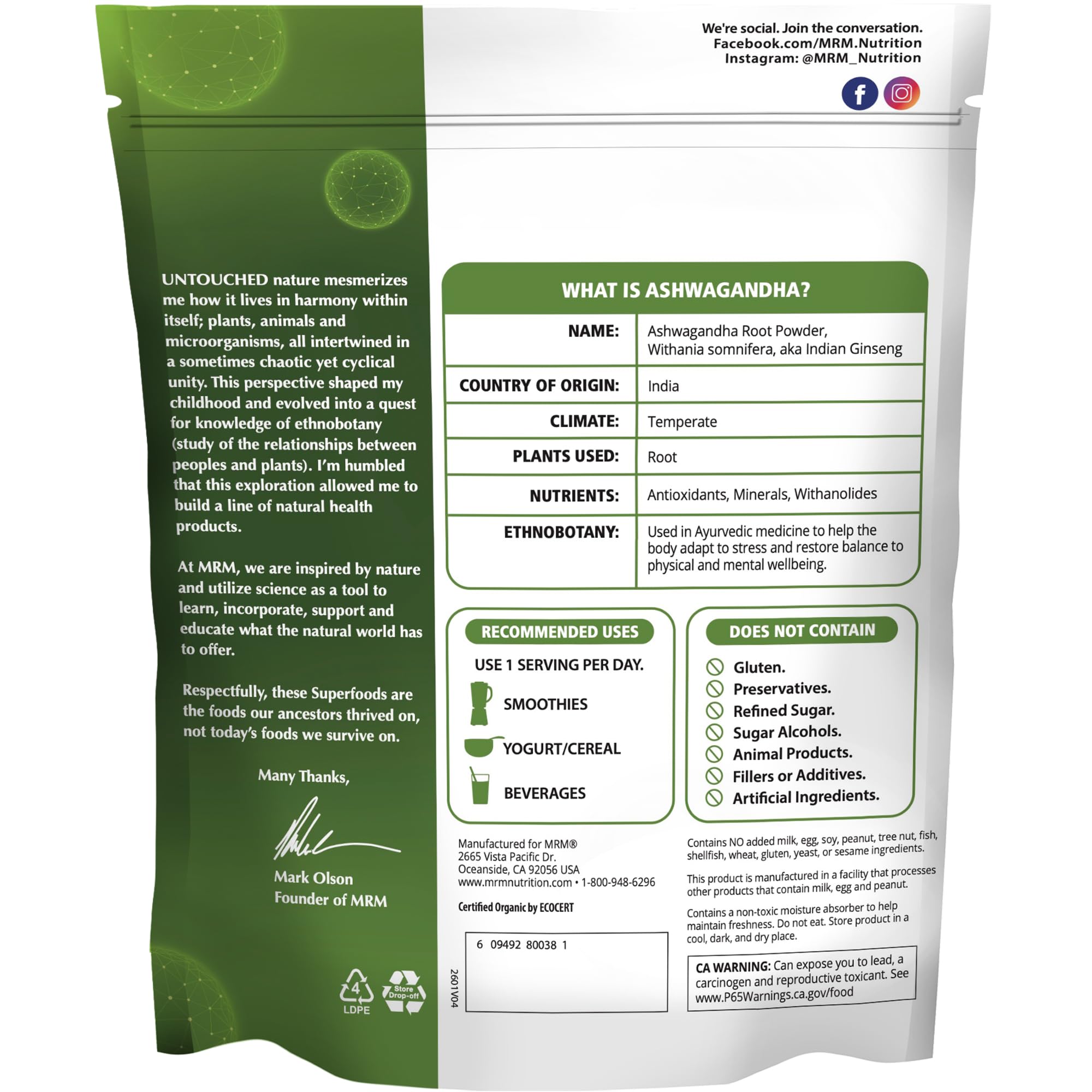 MRM Organic Ashwagandha Root Powder packaging with ingredients listed