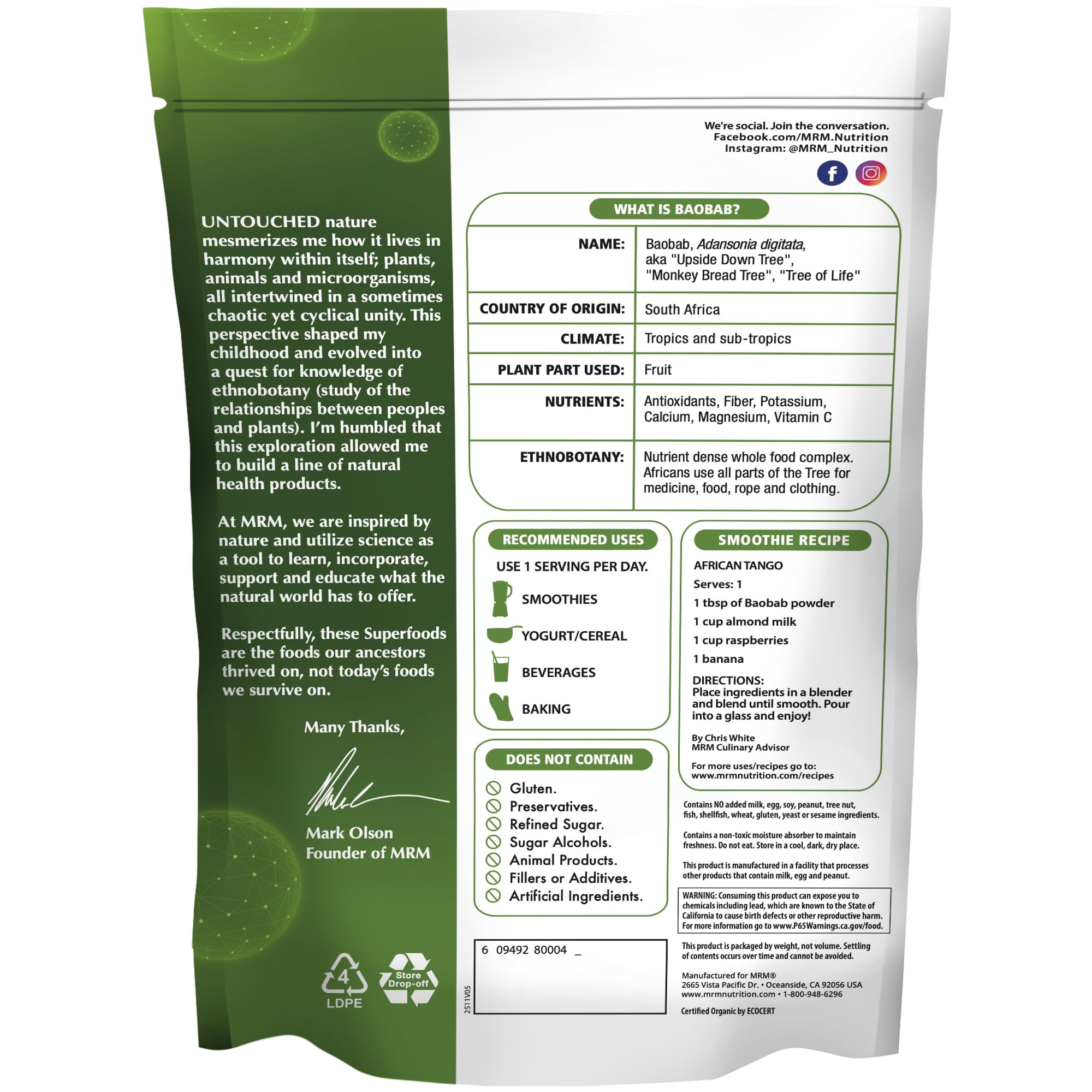 MRM Organic Baobab Fruit Powder 241g back packaging view