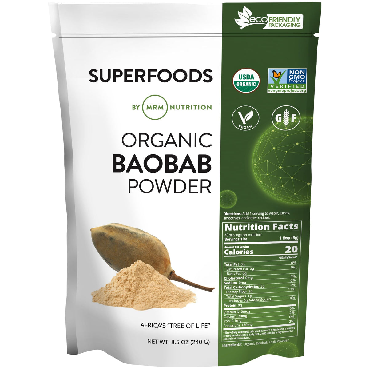 MRM Organic Baobab Fruit Powder 241g front packaging view