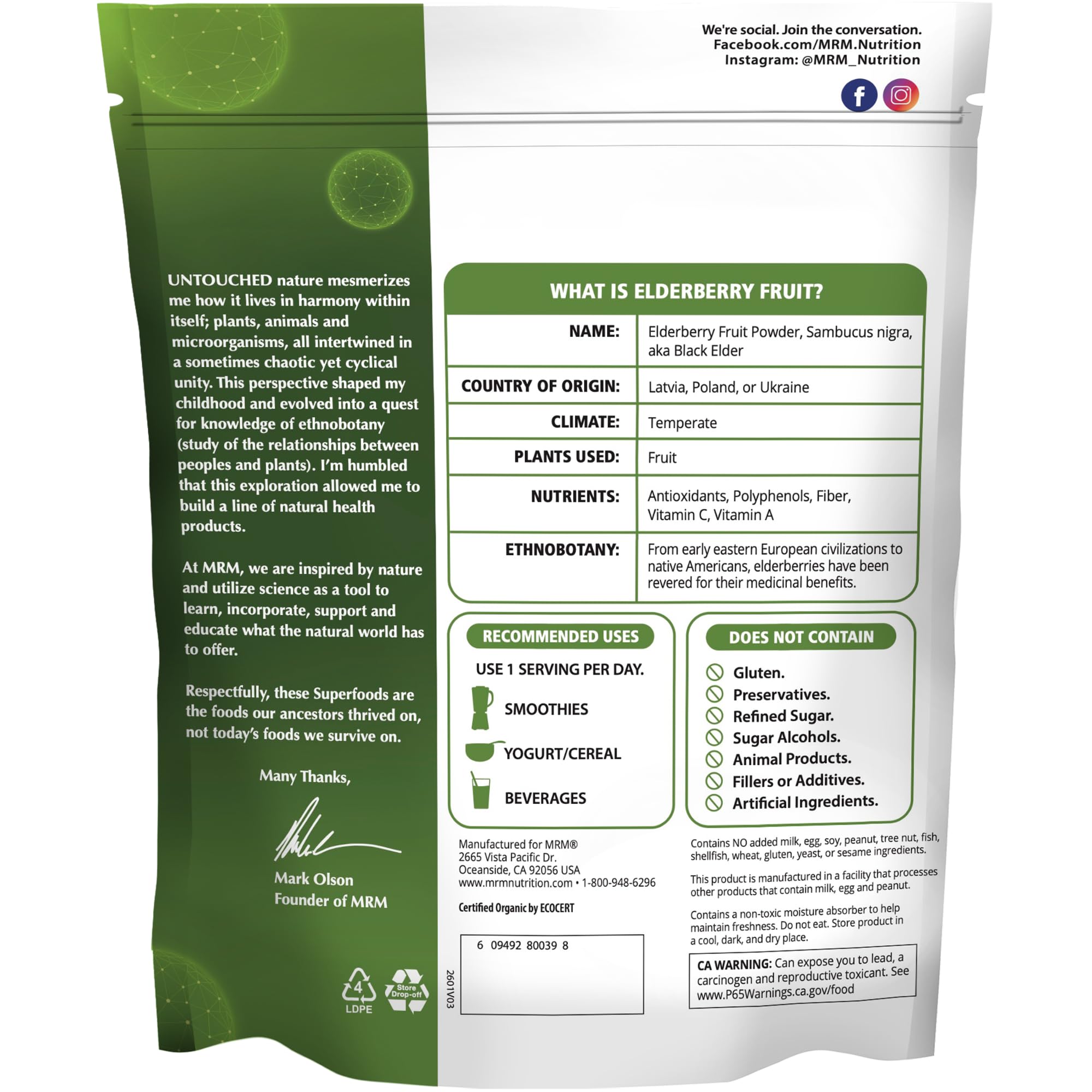 MRM Organic Elderberry Fruit Powder 227g packaging details
