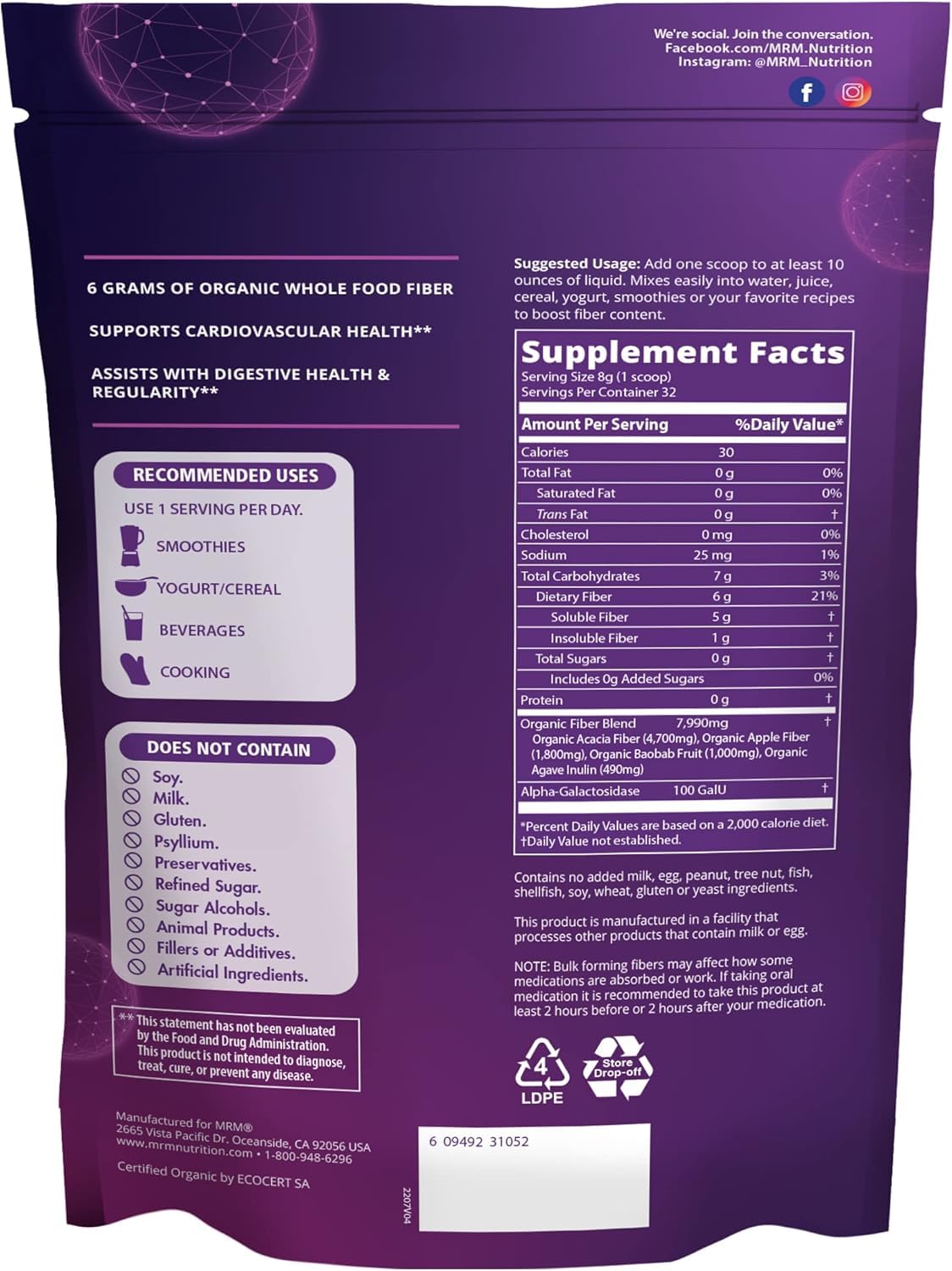 MRM Organic Fiber Powder scoop showing powder texture
