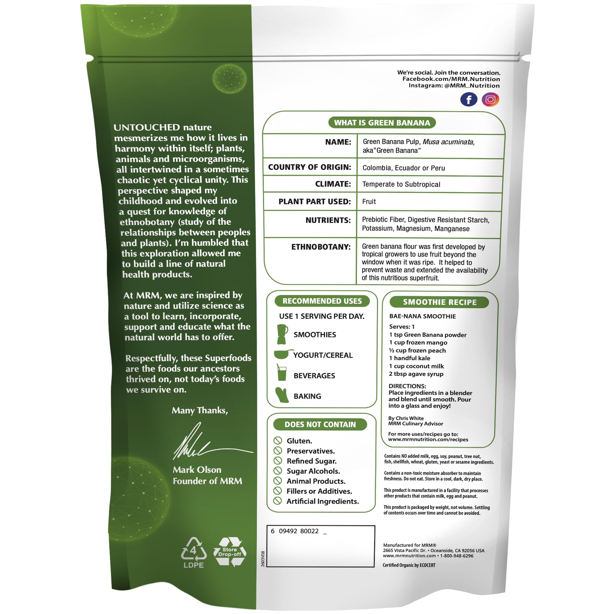 MRM Organic Green Banana Powder 240g back view with nutritional information
