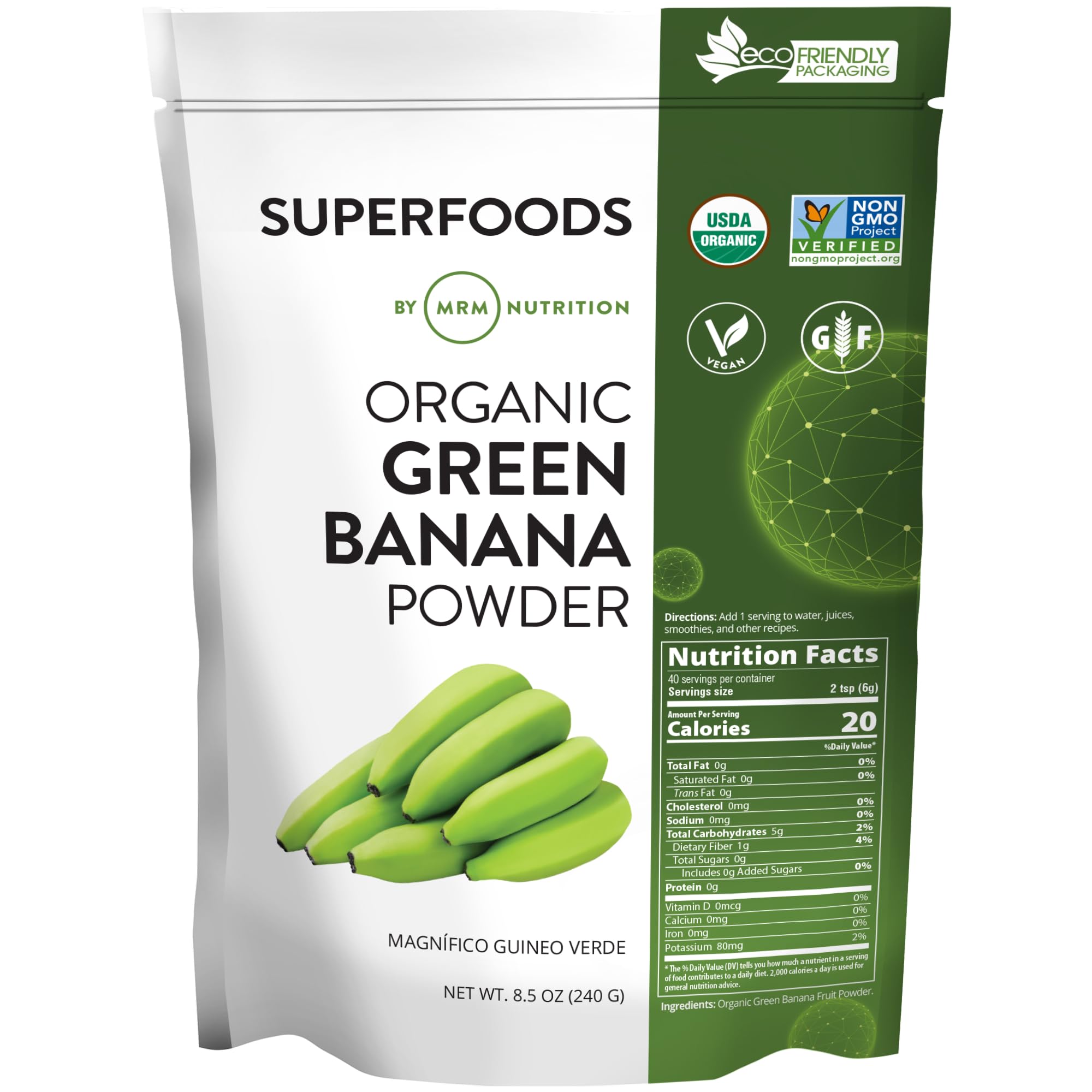 MRM Organic Green Banana Powder 240g front view packaging