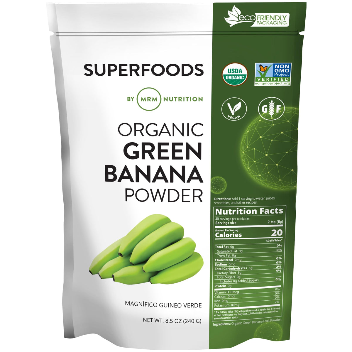 MRM Organic Green Banana Powder 240g front view packaging