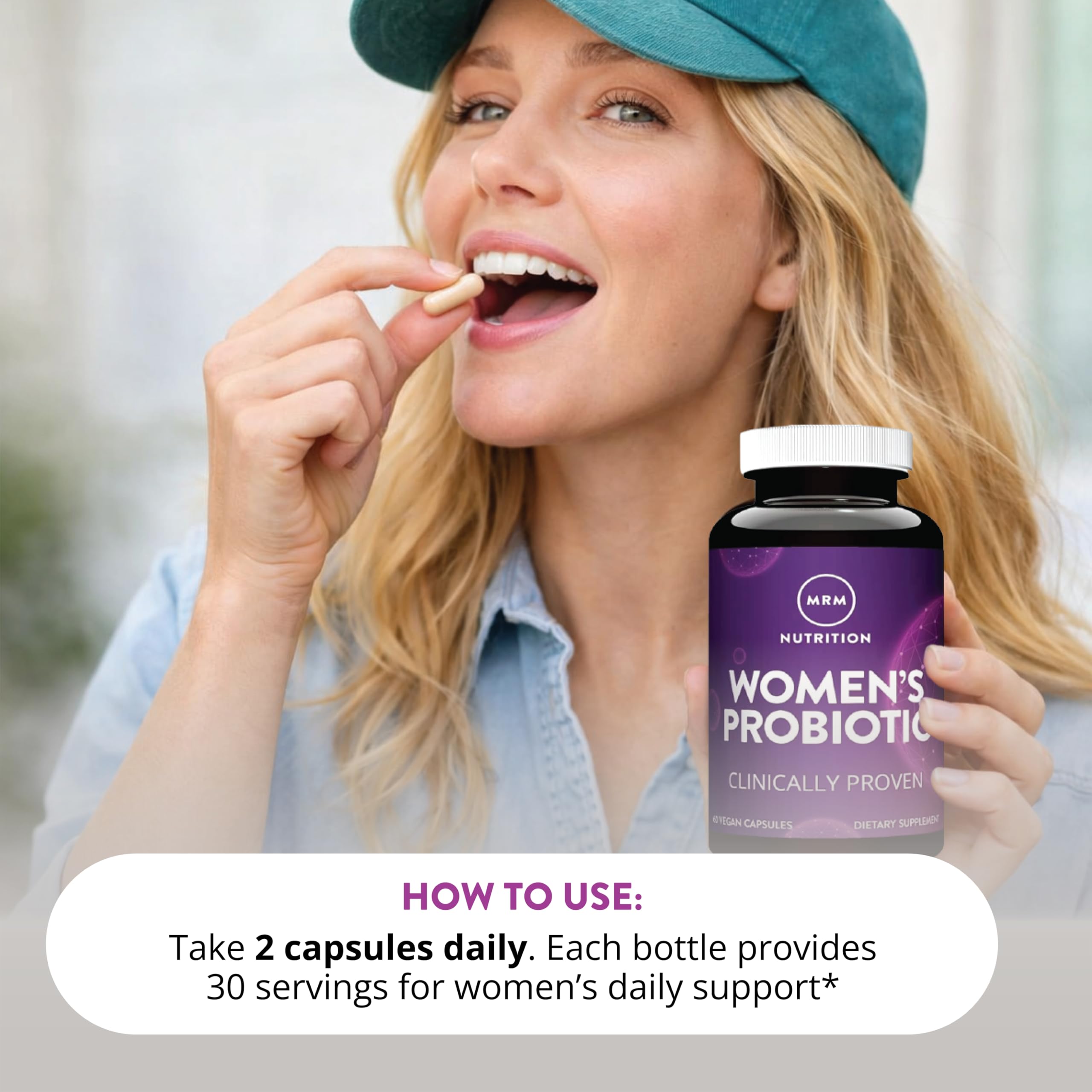 MRM Women's Probiotics capsules on a wooden table