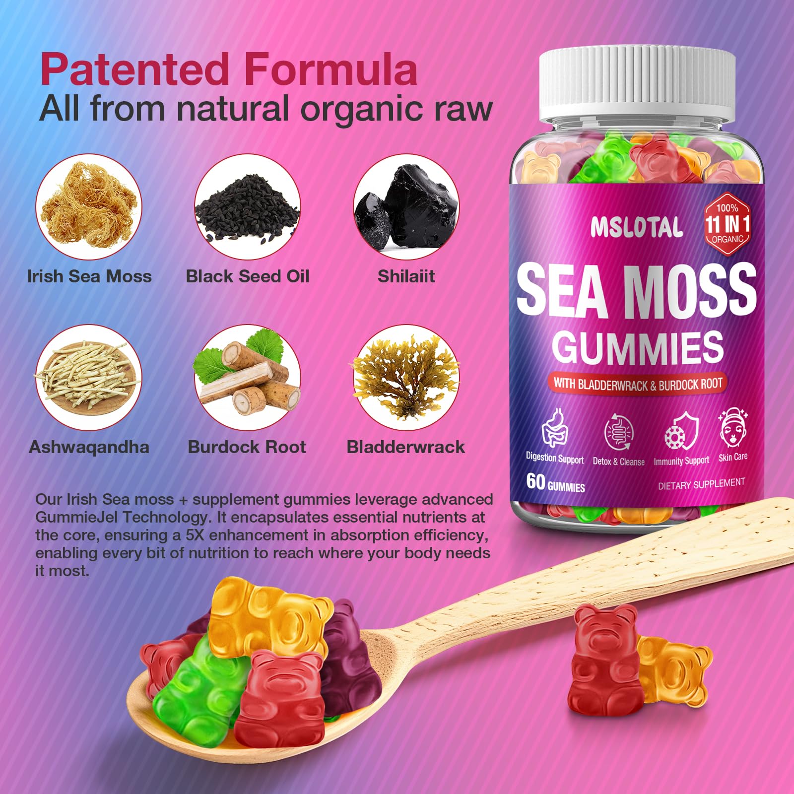 MSLOTAL Sea Moss Gummies side view with nutritional information
