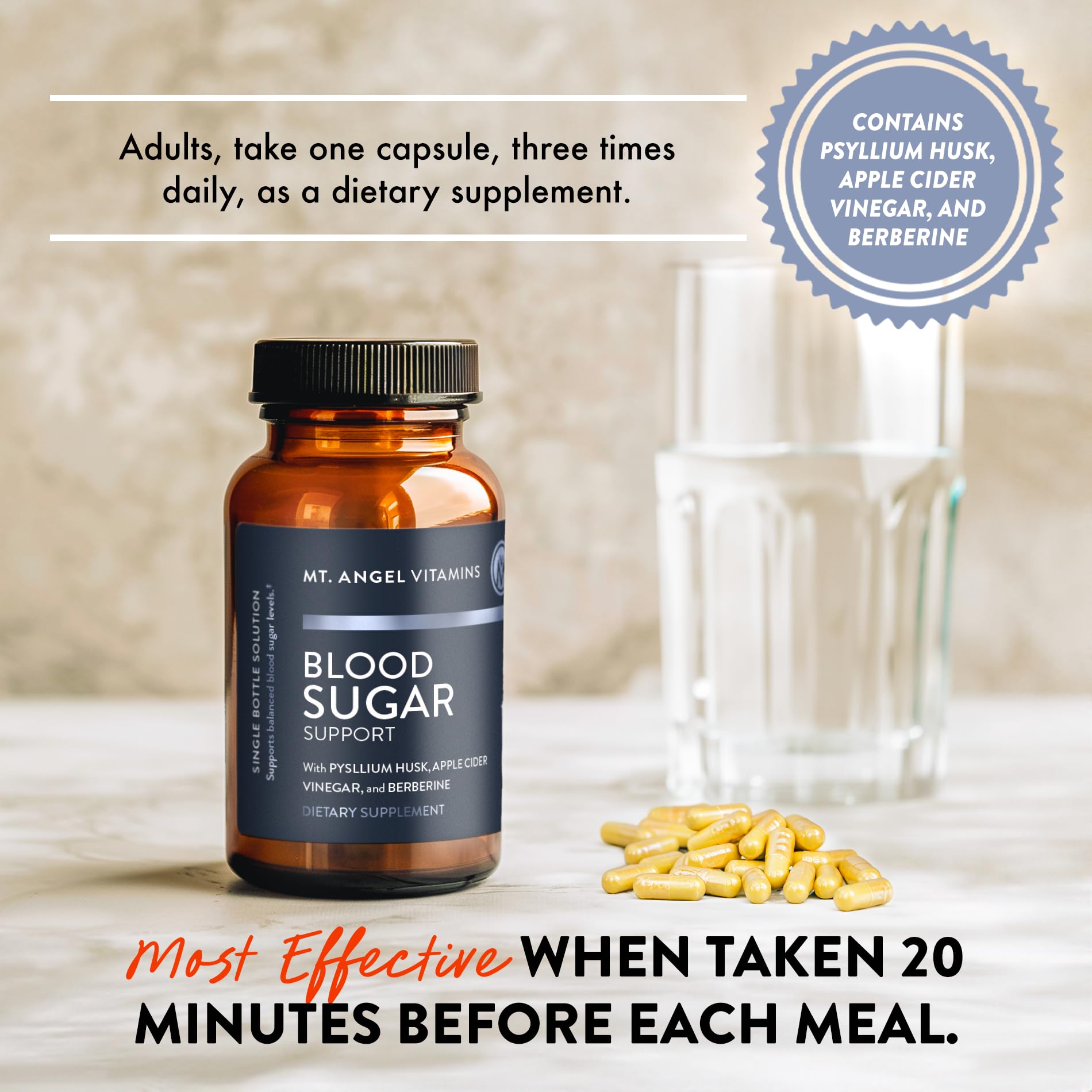Mt. Angel Vitamins Blood Sugar Support Capsules in hand