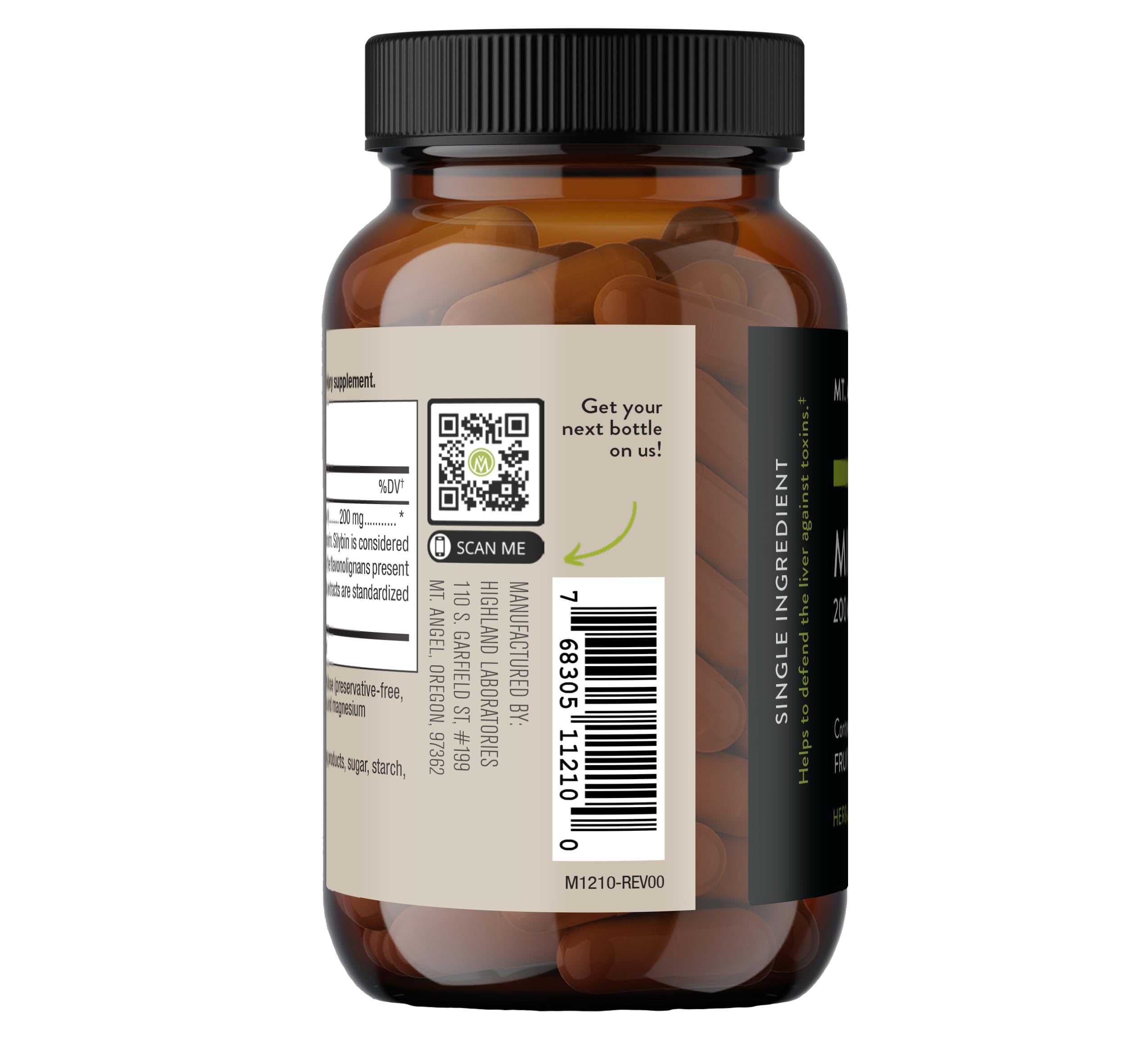 Mt. Angel Vitamins Milk Thistle 200mg capsules with a measuring spoon