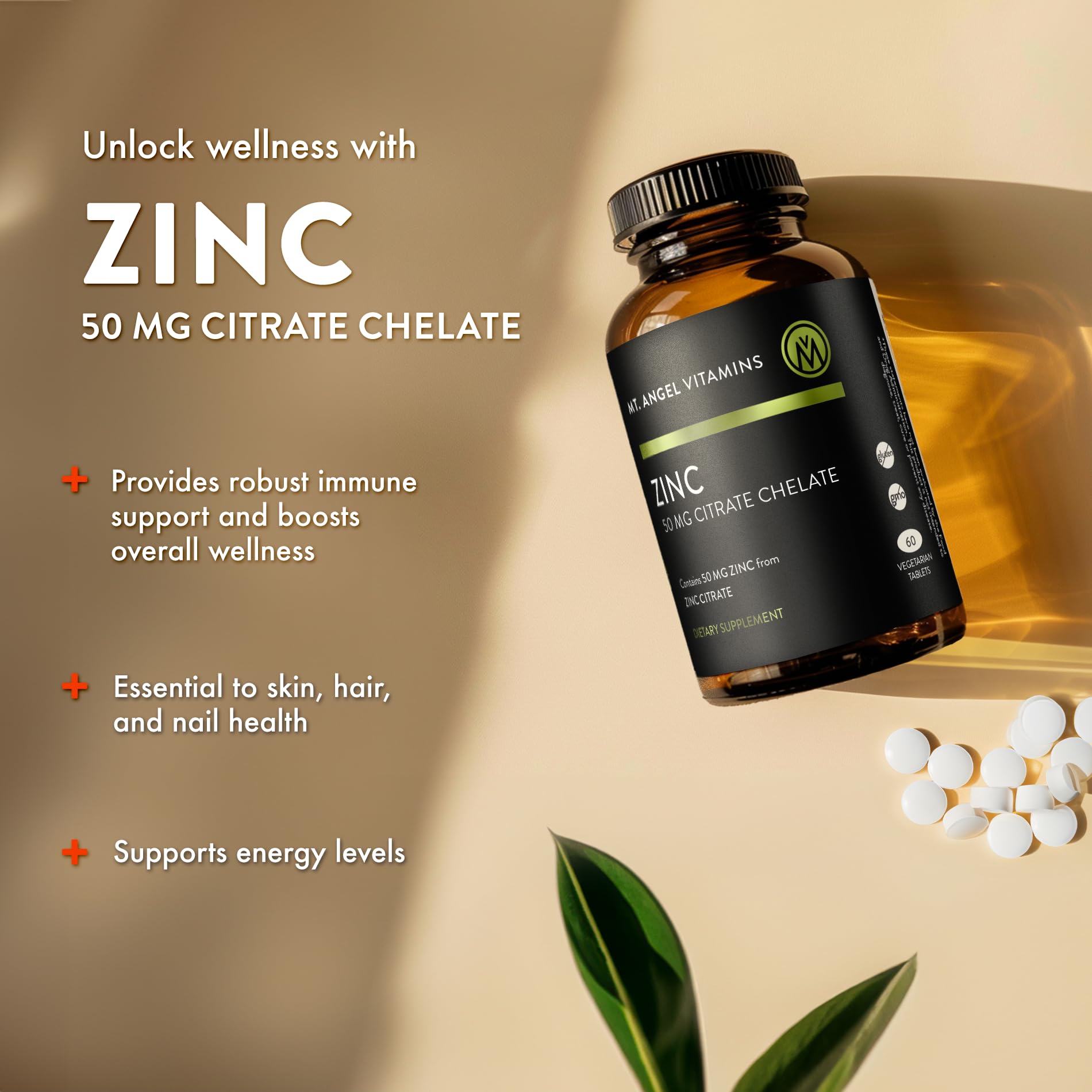 Mt. Angel Vitamins Zinc Citrate 50MG Tablets on a wooden surface