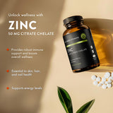 Mt. Angel Vitamins Zinc Citrate 50MG Tablets on a wooden surface