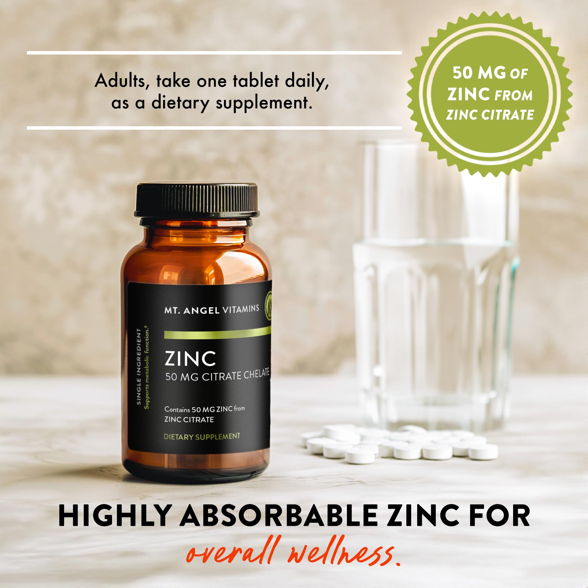 Mt. Angel Vitamins Zinc Citrate 50MG Tablets with a measuring spoon