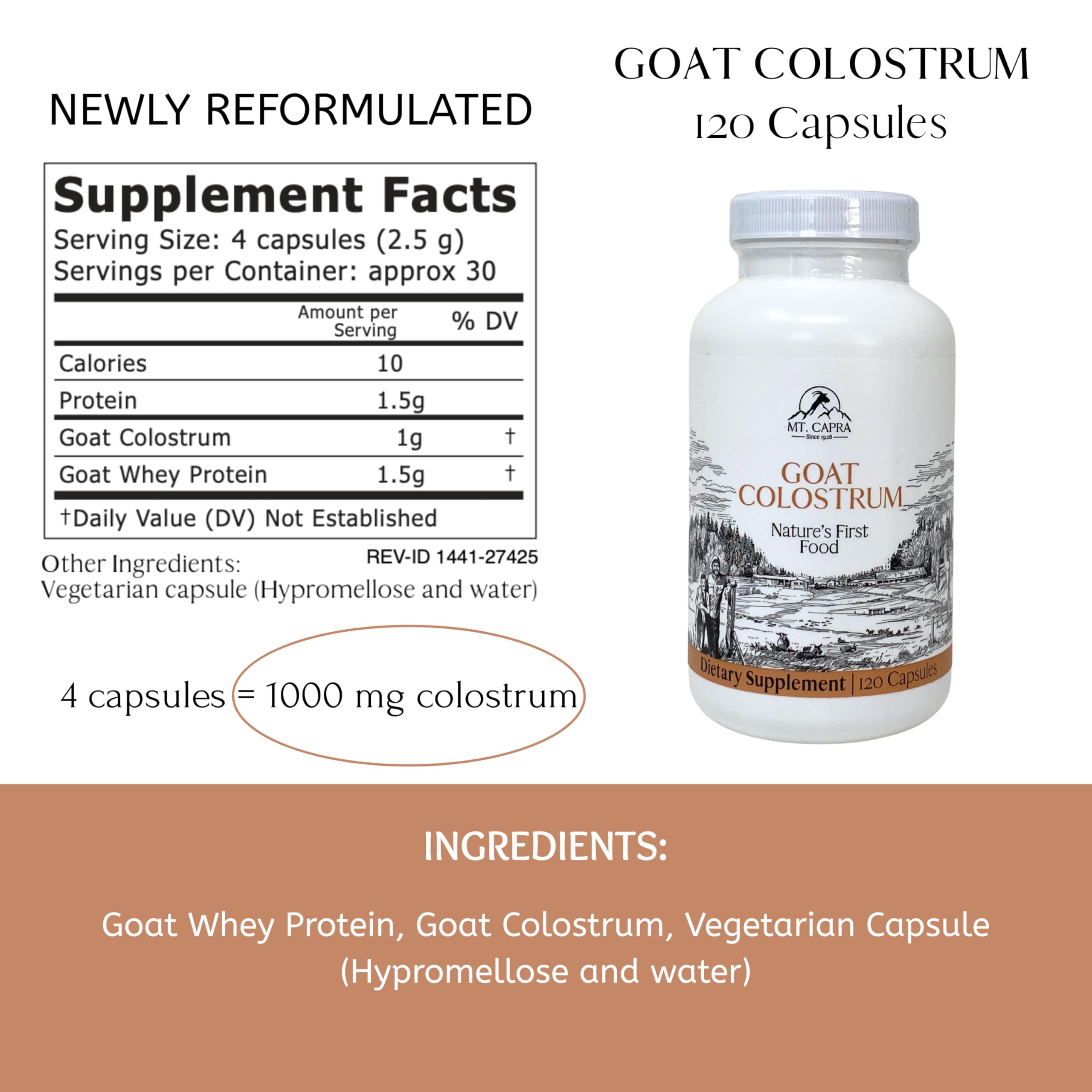 Mt Capra Goat Colostrum 120 veggie capsules side view