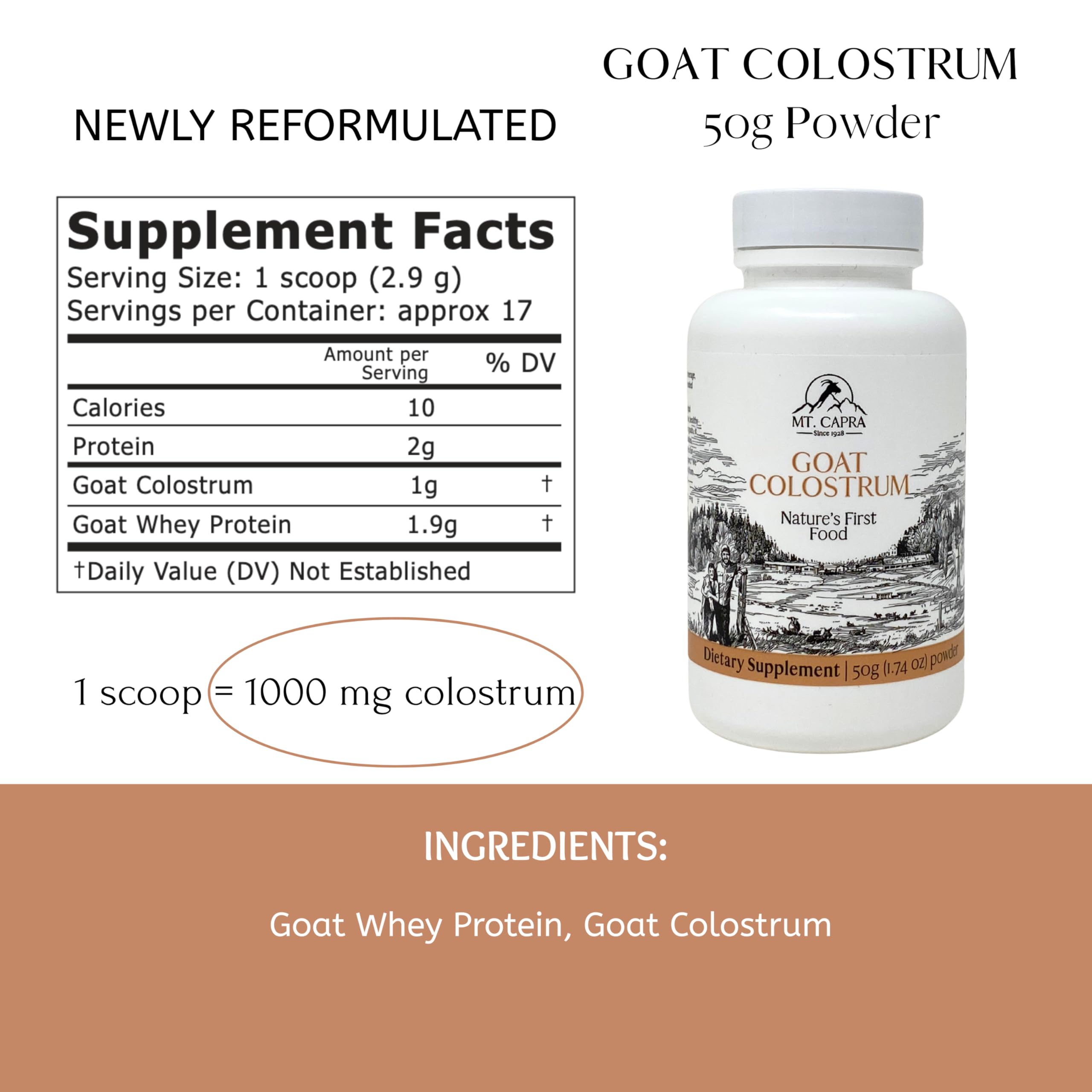 Mt Capra Goat Colostrum packaging with nutritional information