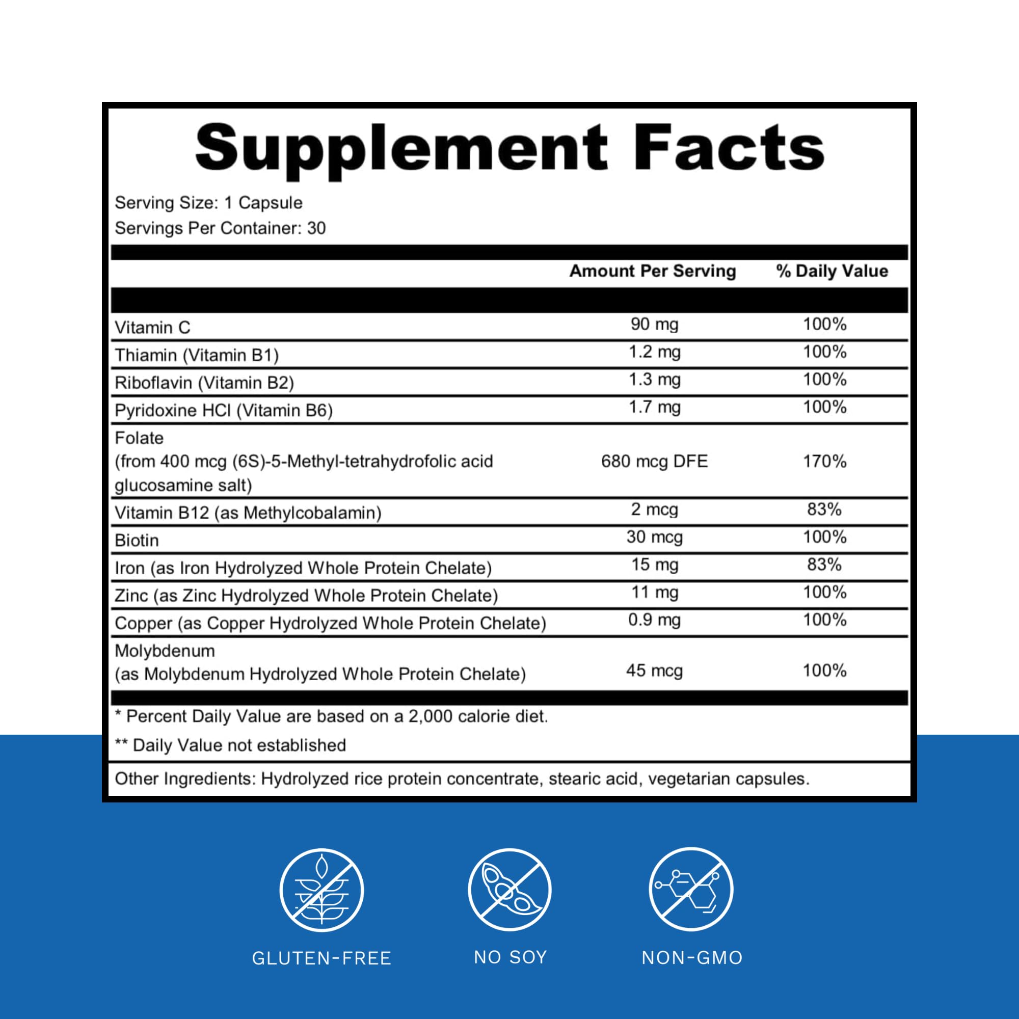 MT. CAPRA Iron Multivitamin Supplement side view with packaging
