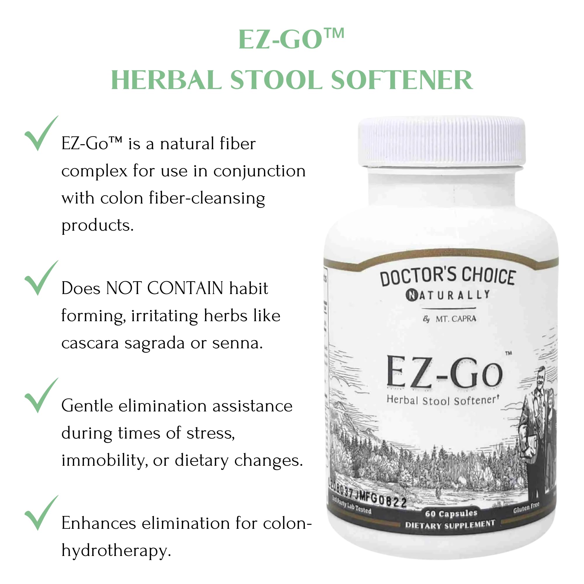 MT. CAPRA SINCE 1928 Herbal Stool Softener capsules on a wooden table