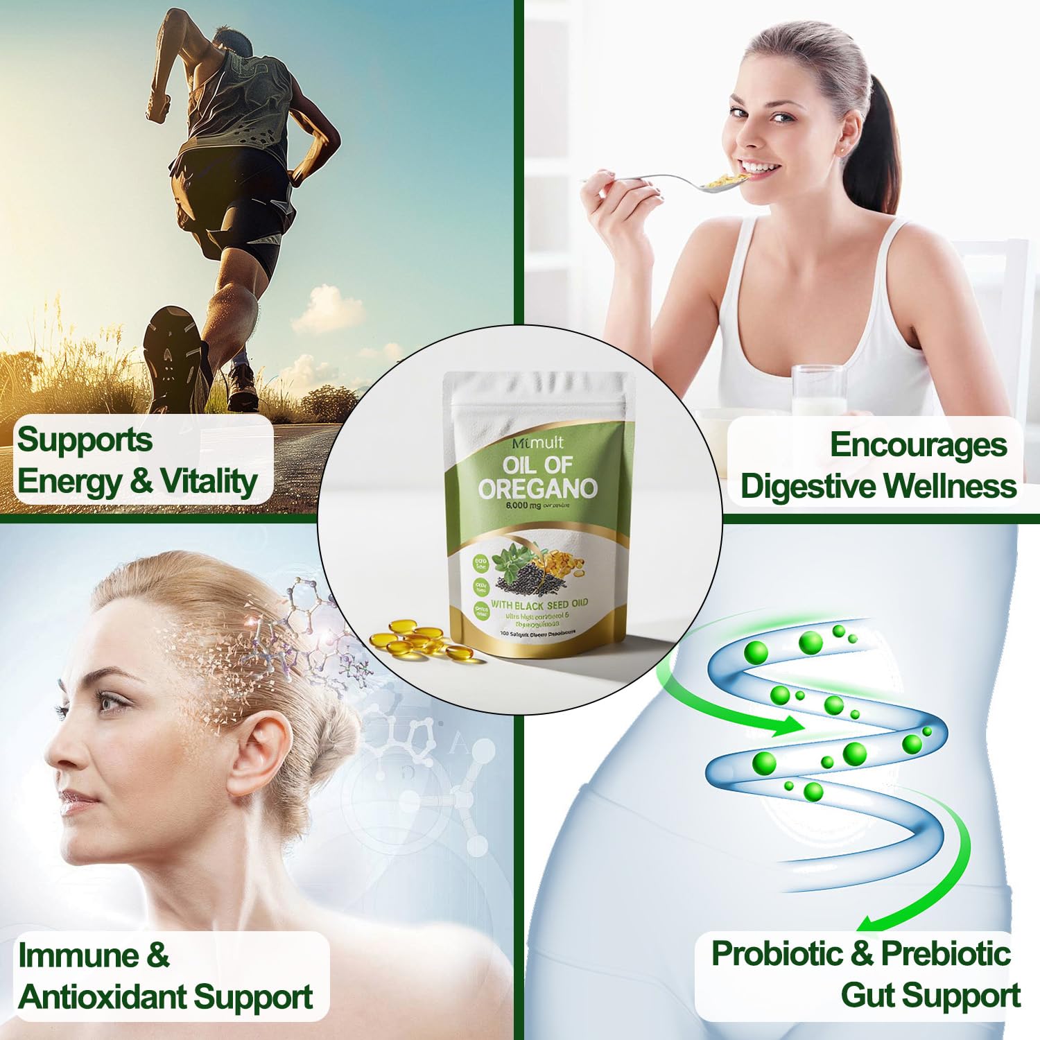 Mtmult Oregano Oil Capsules displayed with a glass of water