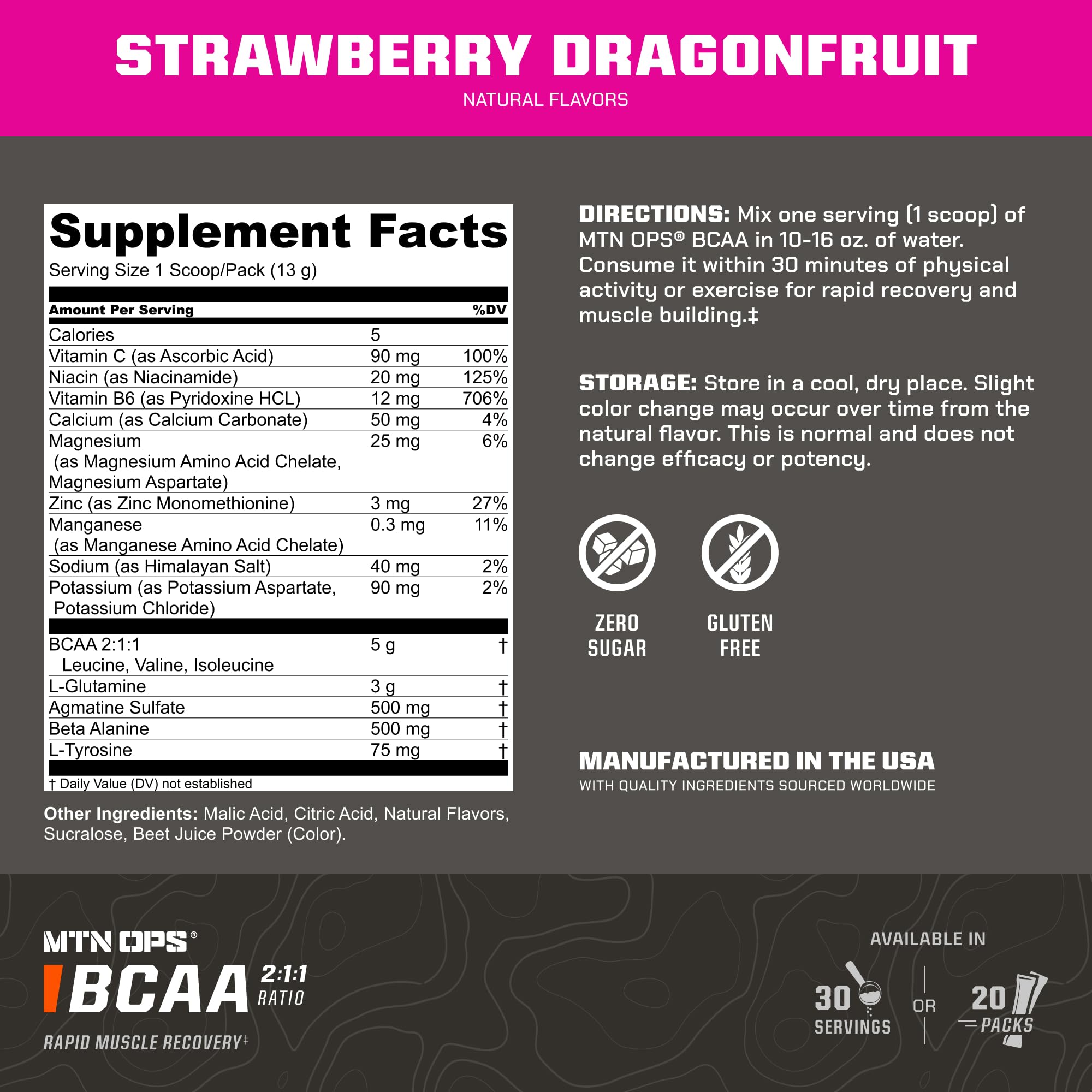 MTN OPS BCAA Drink Mix 454g scoop and powder