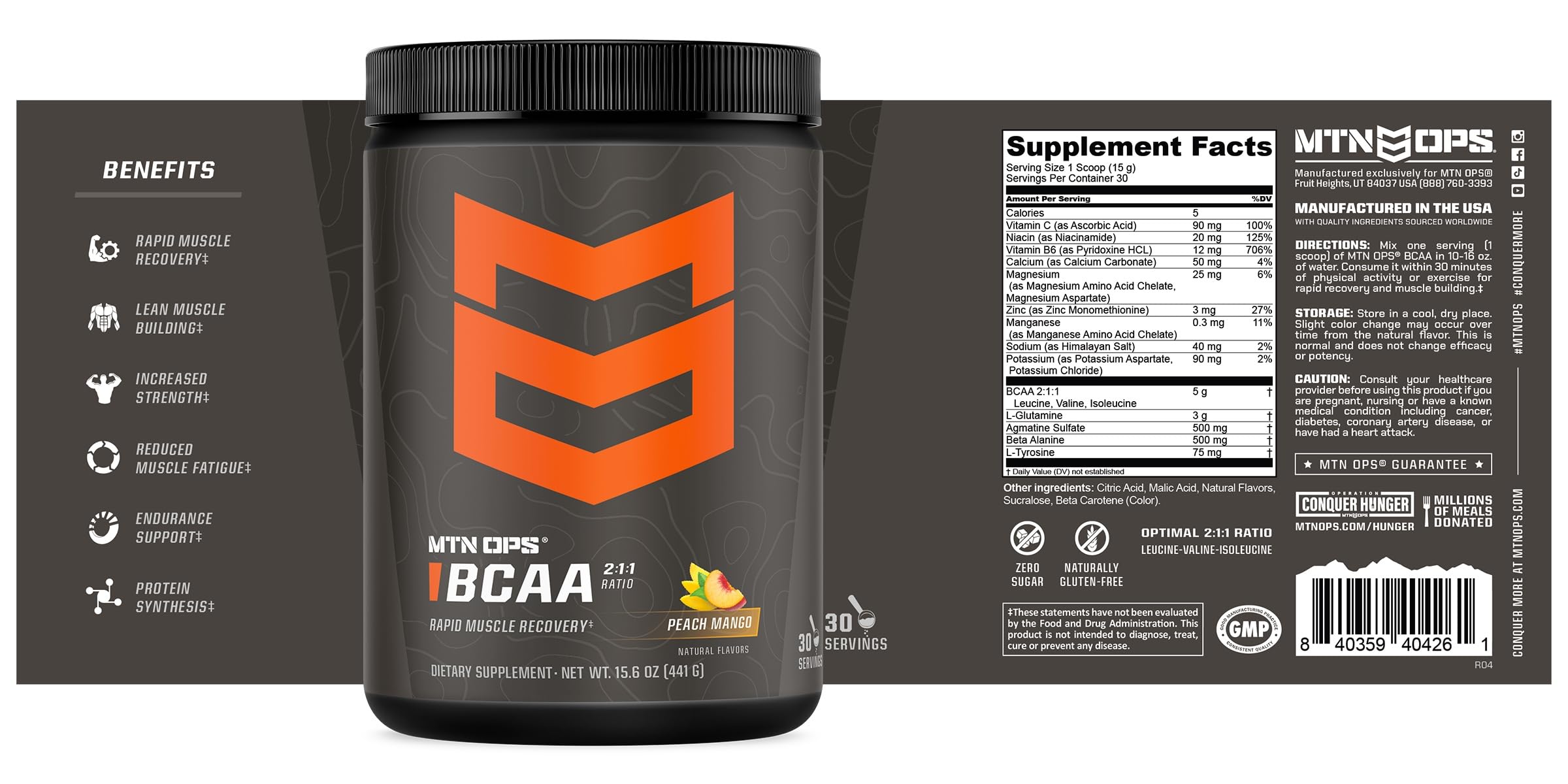 MTN OPS BCAA Supplement 454g with a measuring scoop