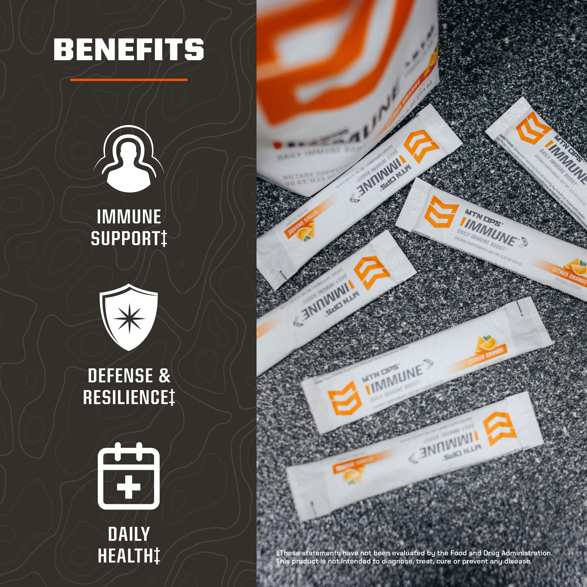 MTN OPS Daily daily wellness Support Sachets in a backpack