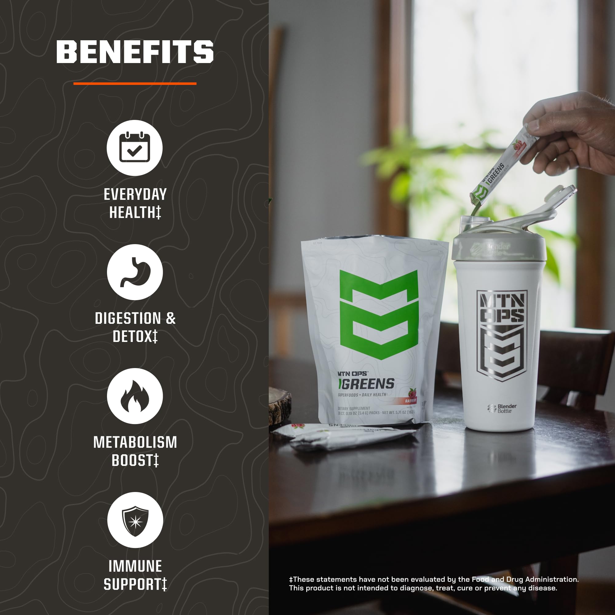 MTN OPS Daily Greens Superfood Blend stick pack with raspberry flavour