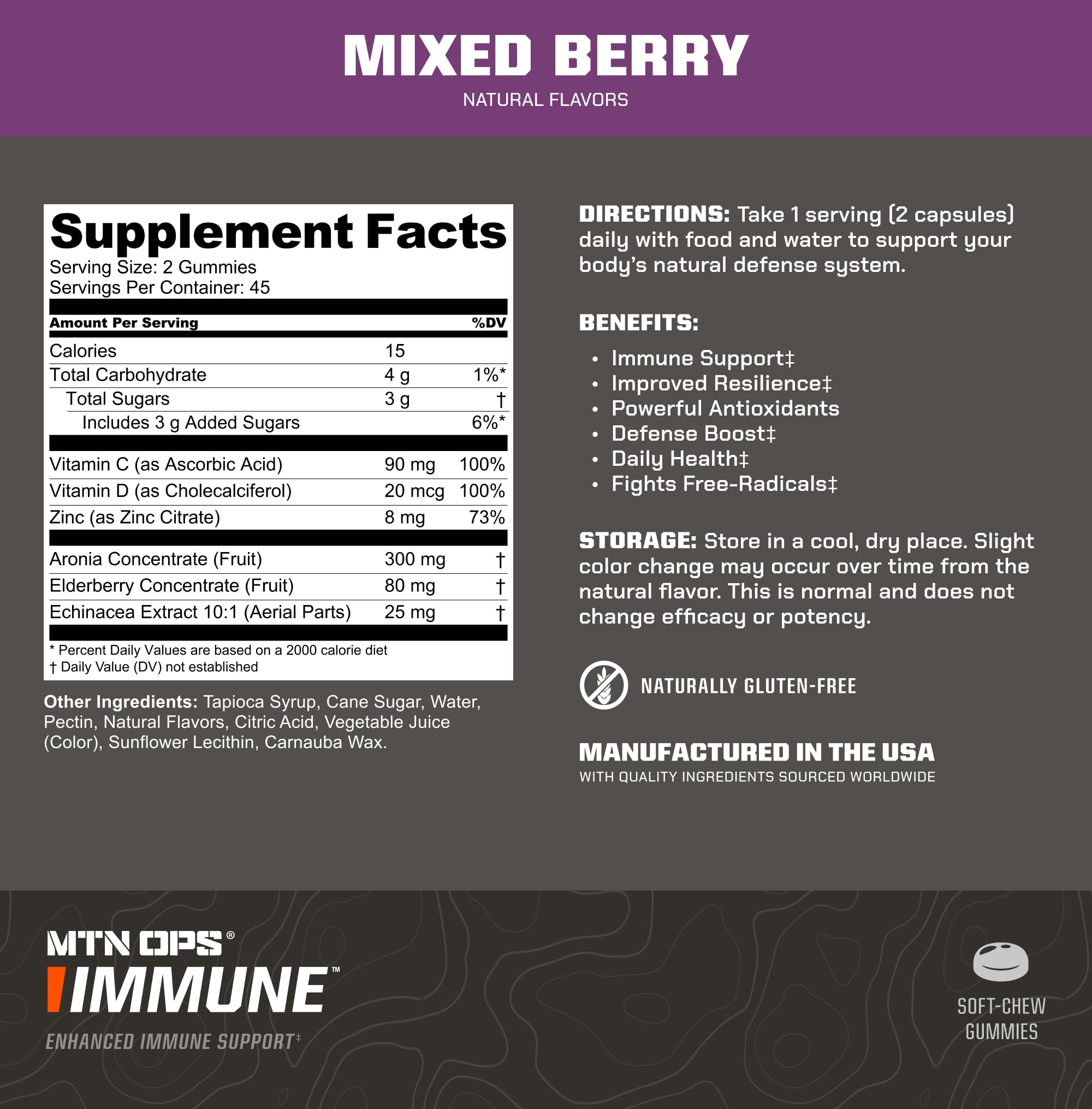 MTN OPS Elderberry Gummies side view showing nutritional information