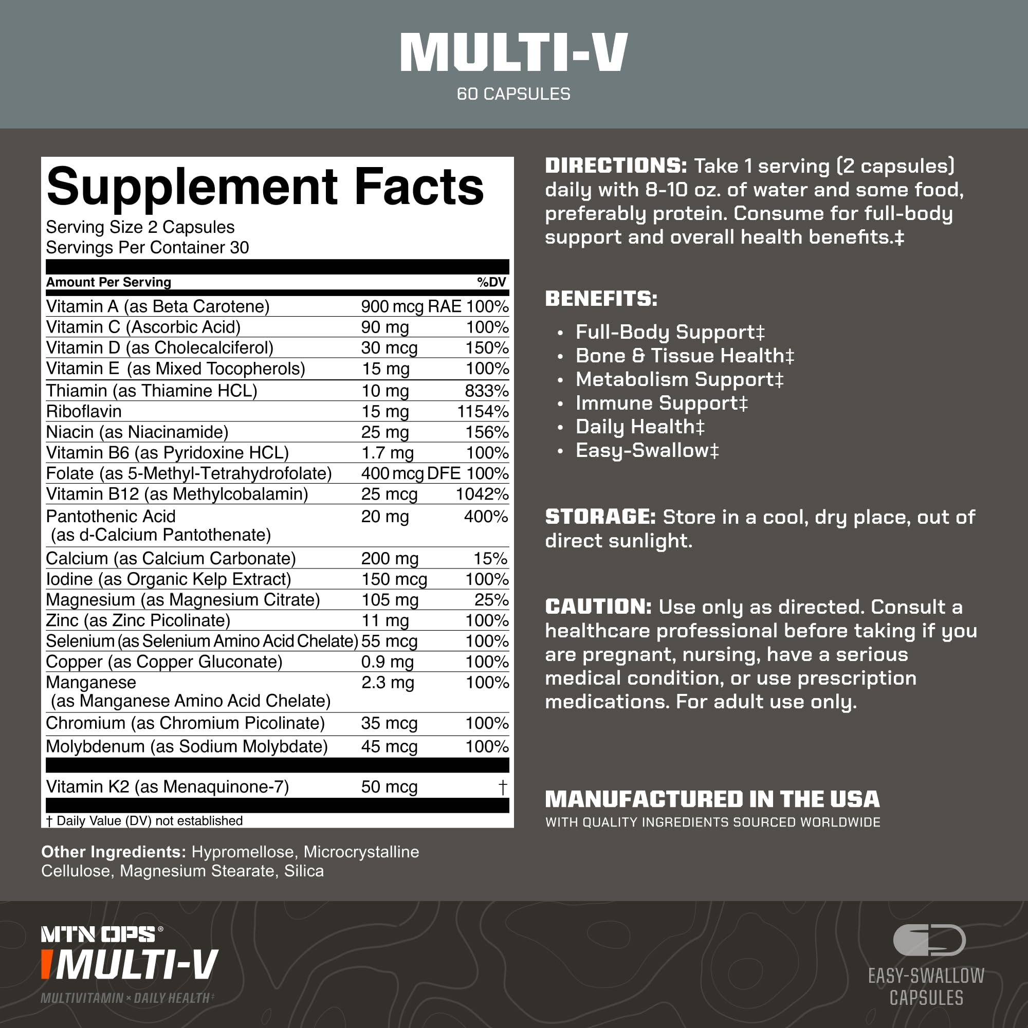 MTN OPS Multi-V multivitamin capsules in a hand