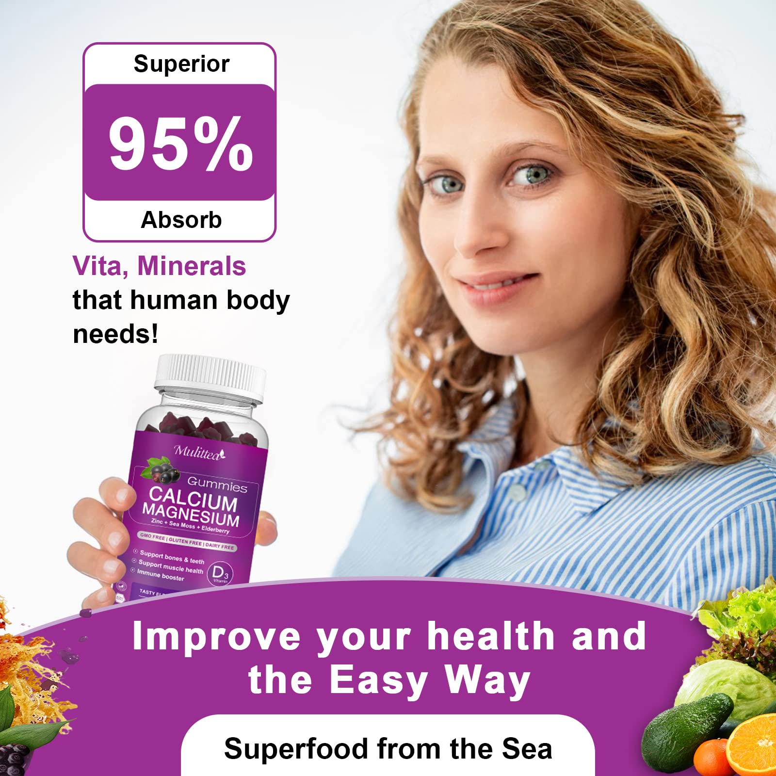 Mulittea Calcium Gummies 689g side view showing ingredients