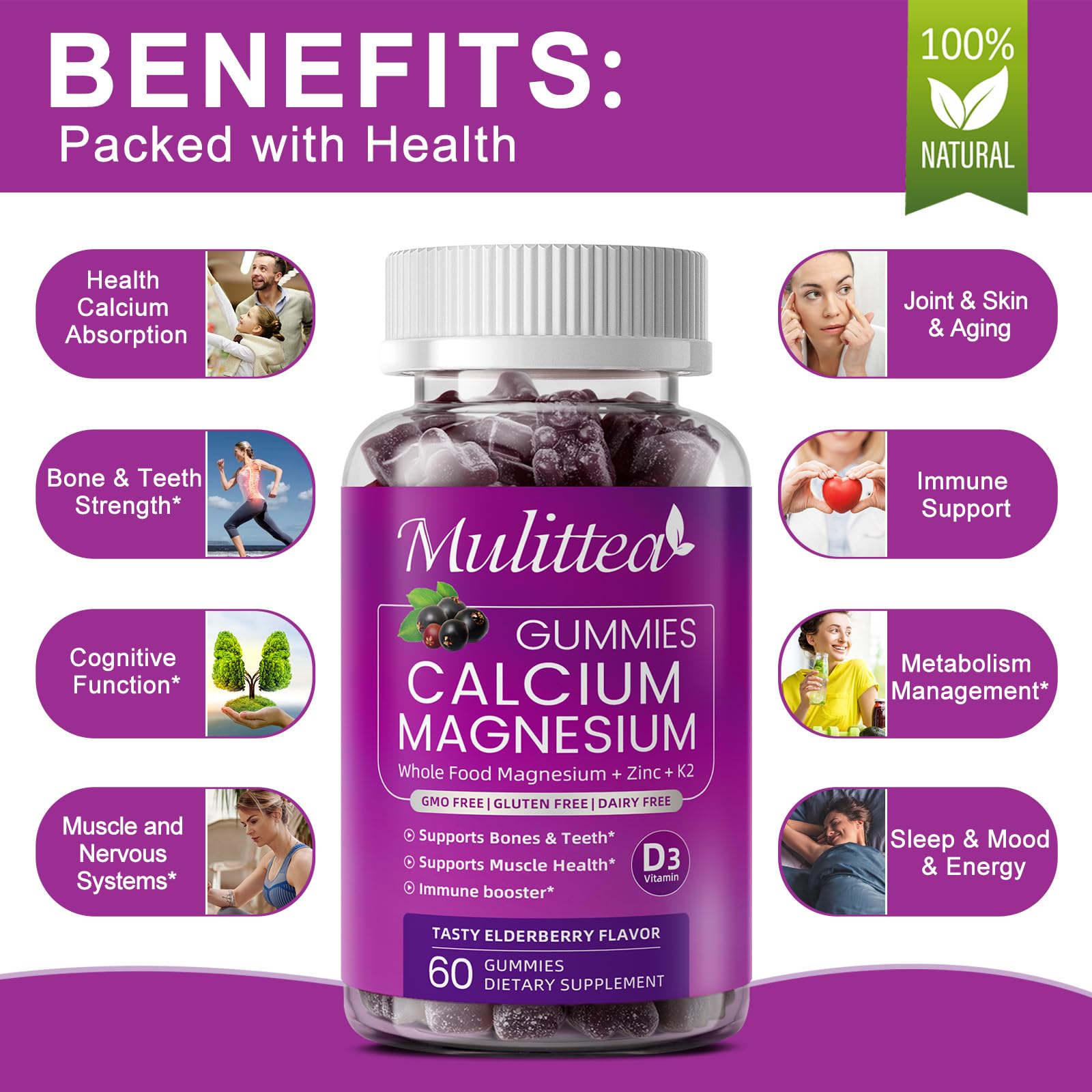Mulittea Calcium Gummies on a wooden table