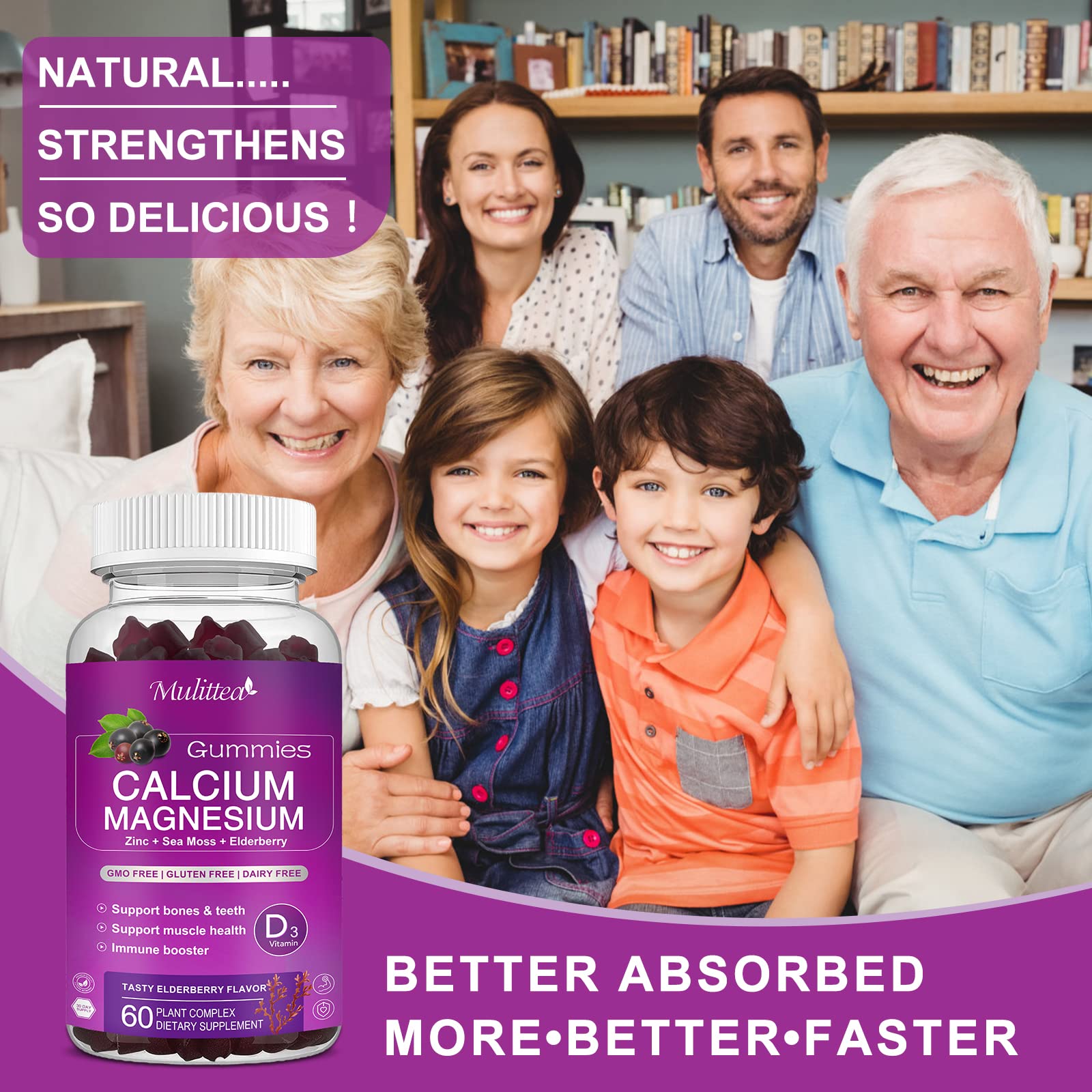 Mulittea Calcium Gummies with sea moss and kale background