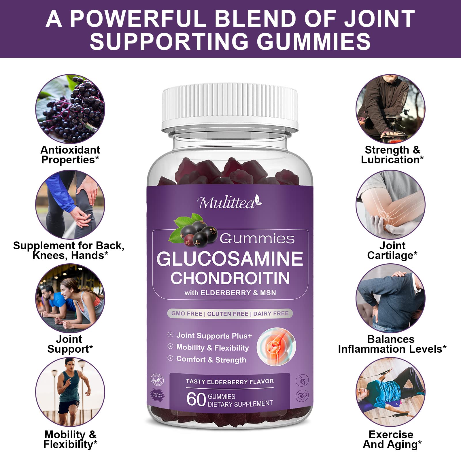 Mulittea Glucosamine Chondroitin Gummies on a wooden table