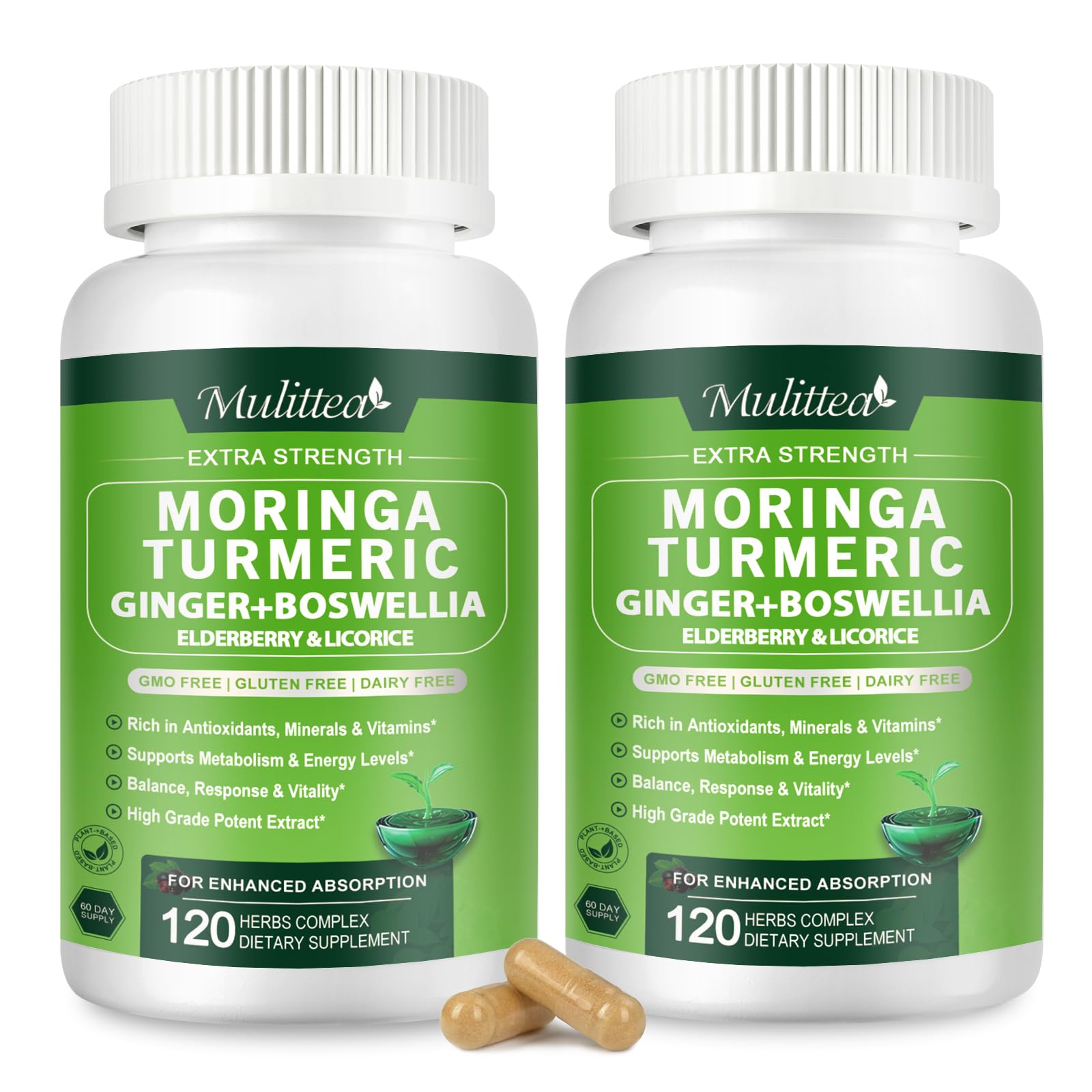 Mulittea Organic Moringa Capsules bottle front view