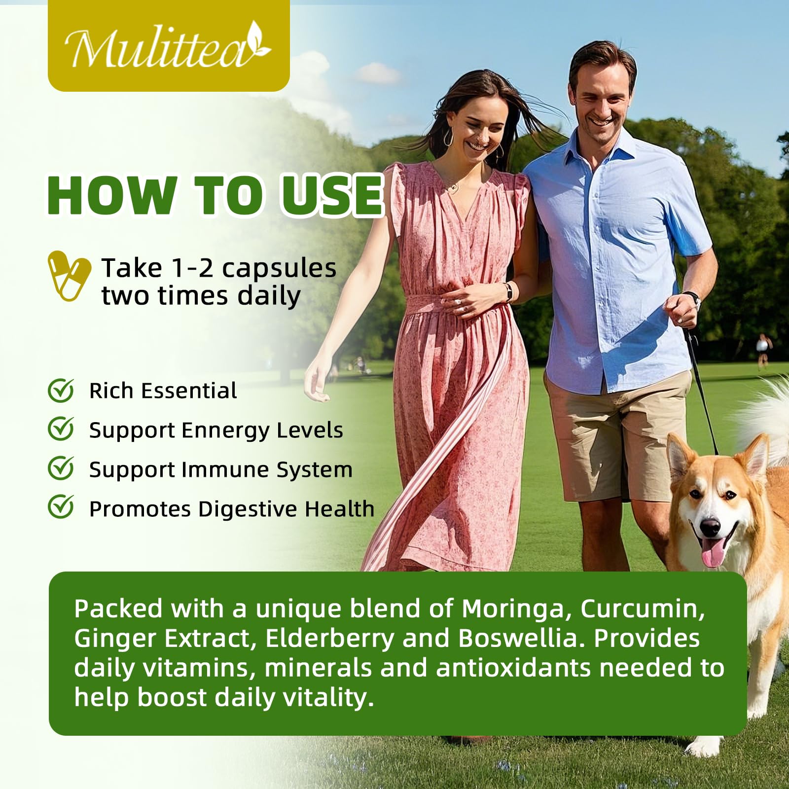 Mulittea Organic Moringa Capsules displayed with natural herbs