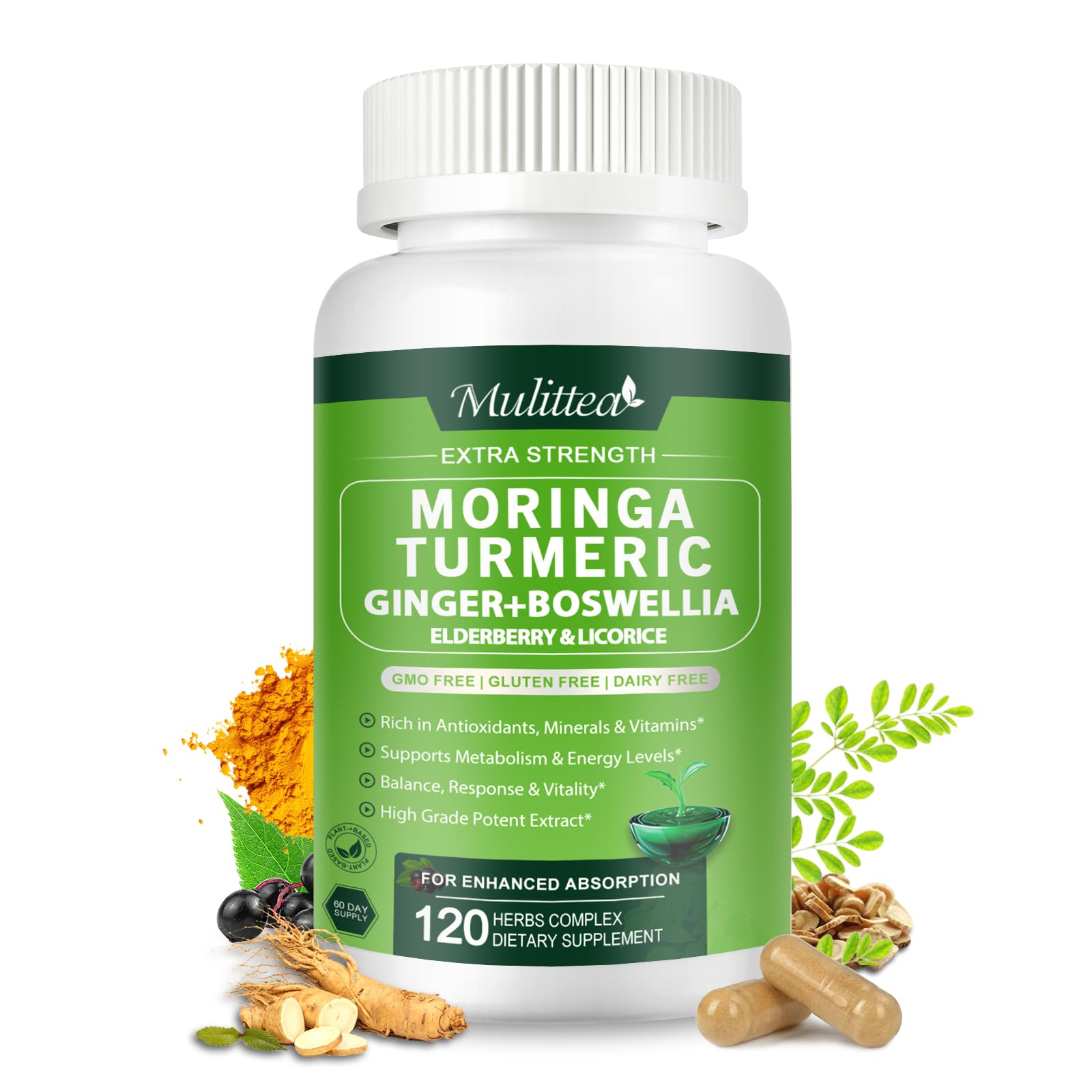 Mulittea Organic Moringa Capsules front view with packaging