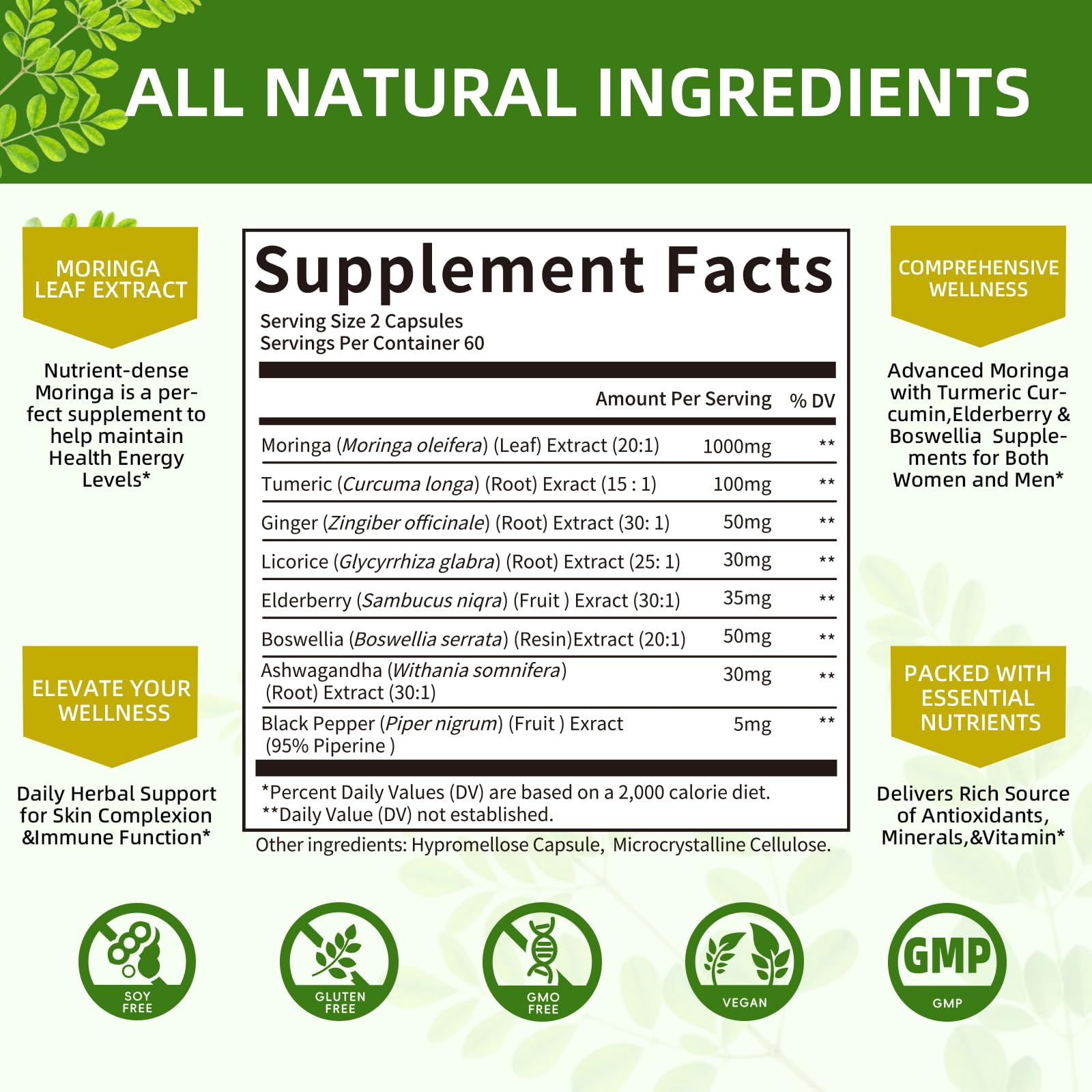 Mulittea Organic Moringa Capsules on a wooden table