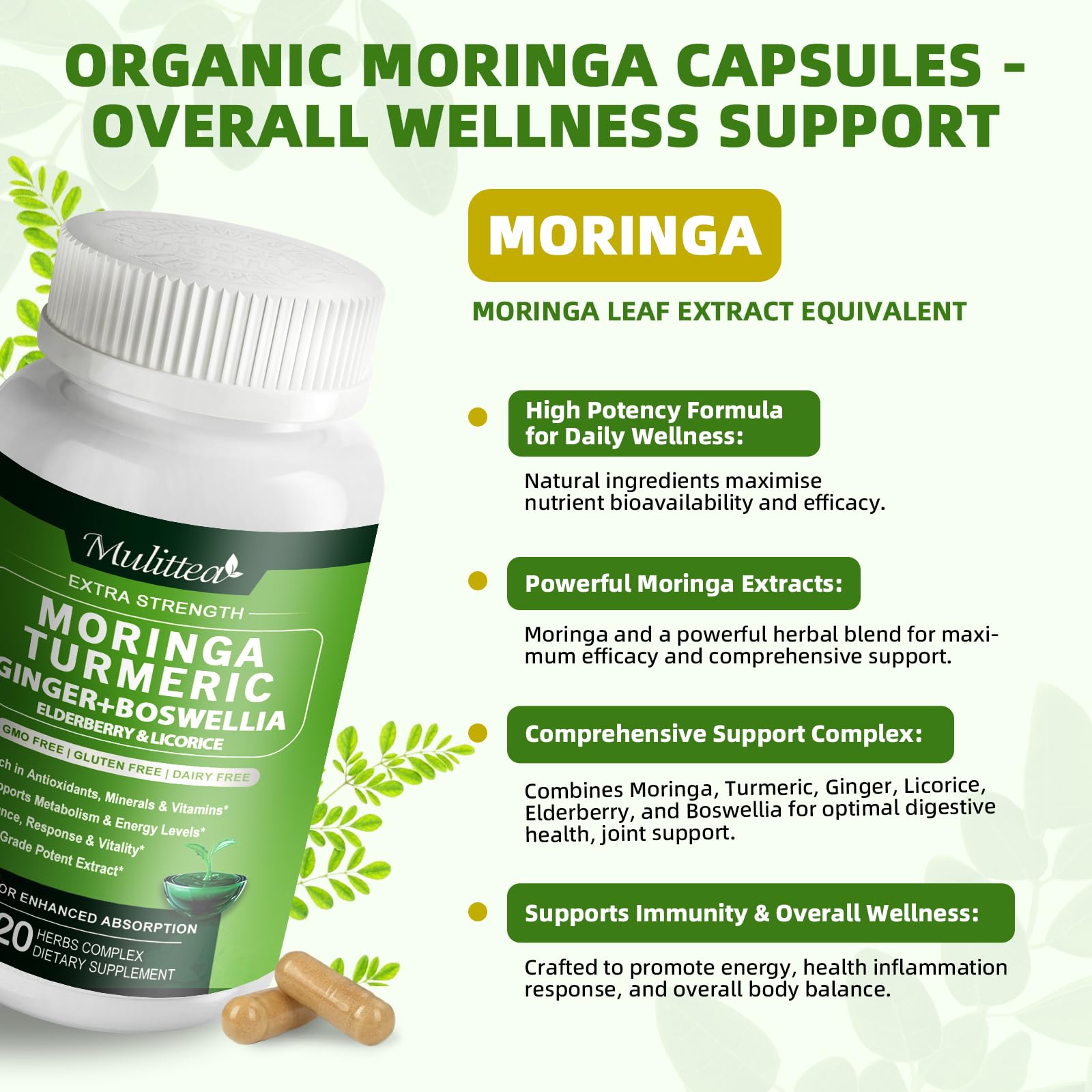 Mulittea Organic Moringa Capsules with turmeric and ginger ingredients