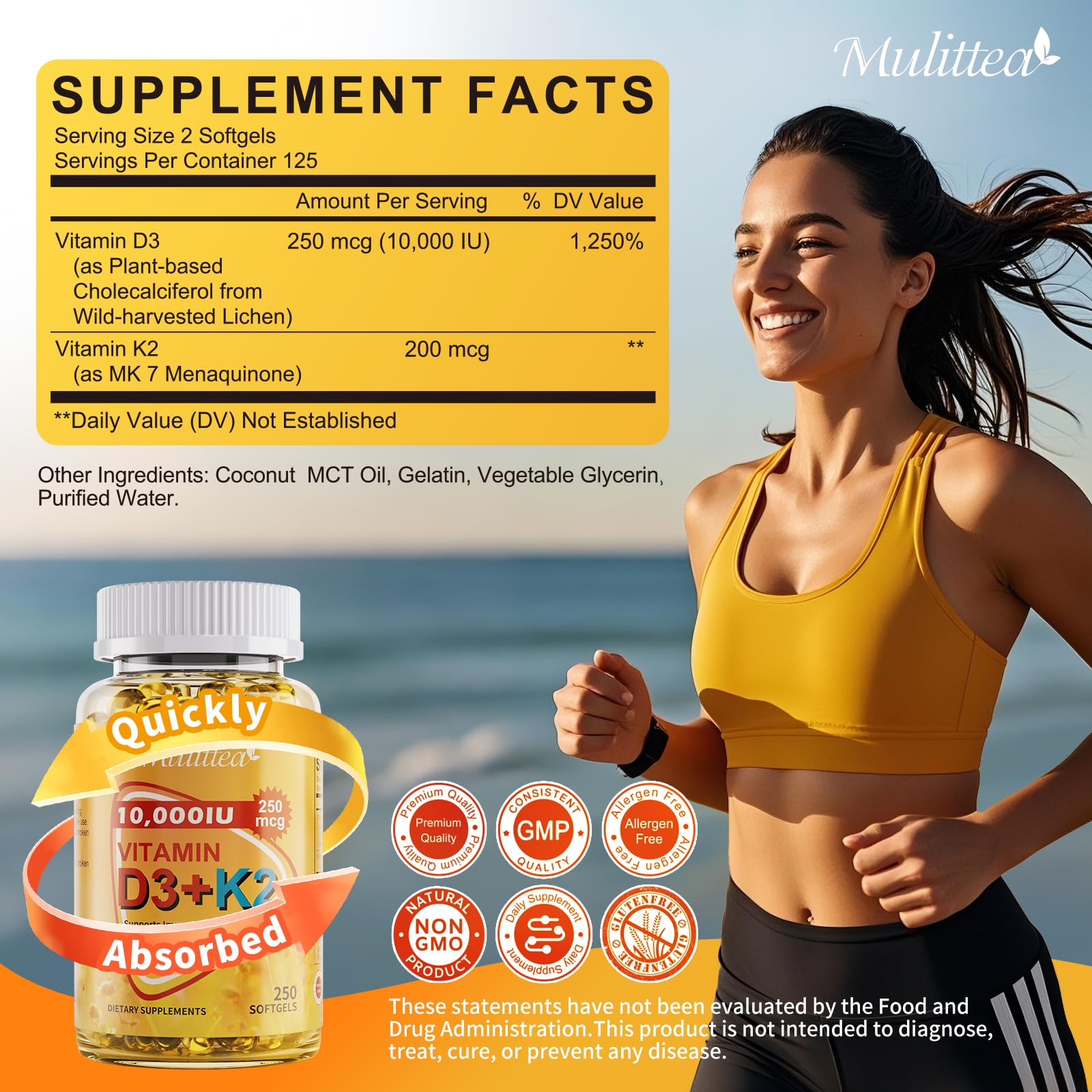 Mulittea Vitamin D3 + K2 MK7 Supplement bottle on table