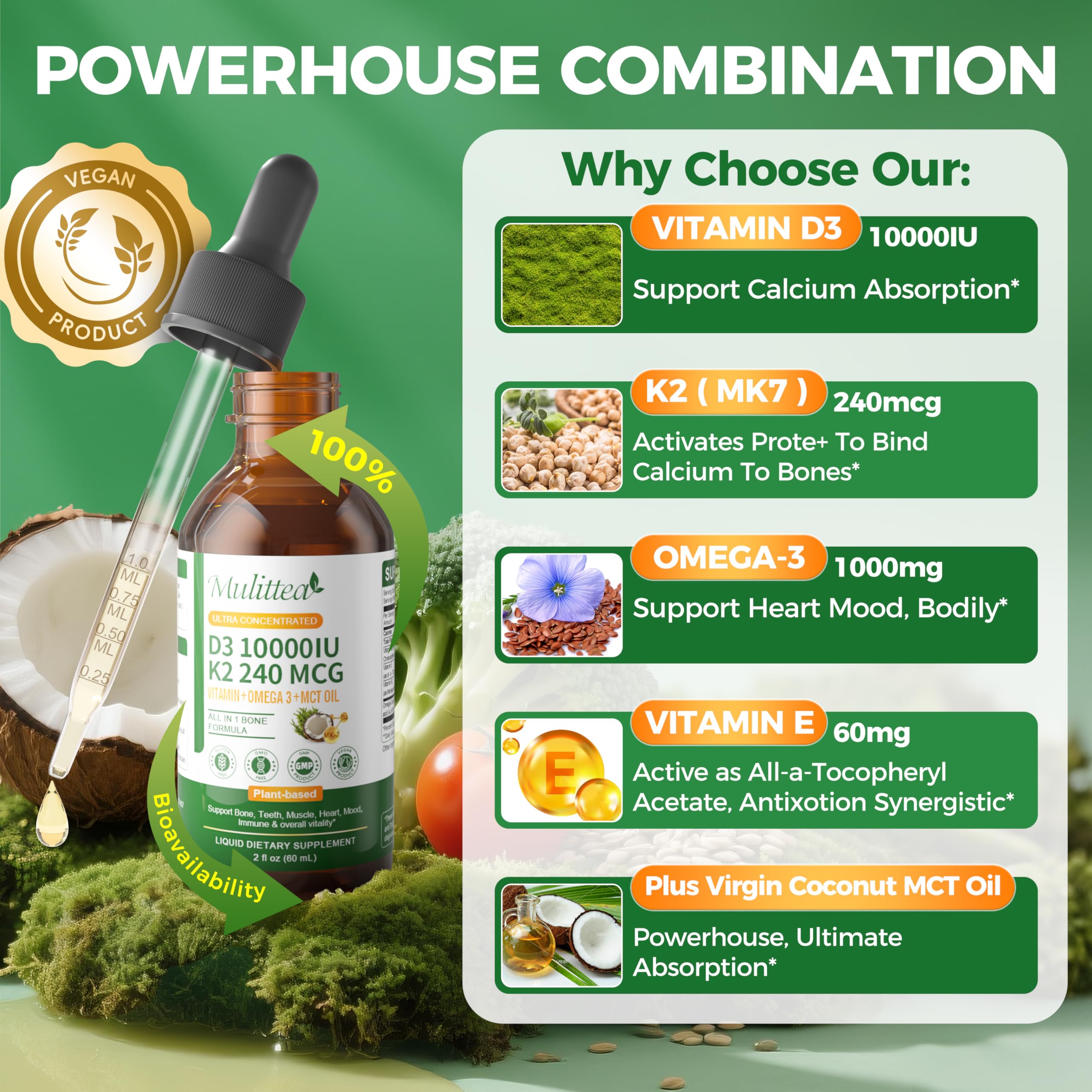 Mulittea Vitamin D3 + K2 MK7 supplement dosage instructions