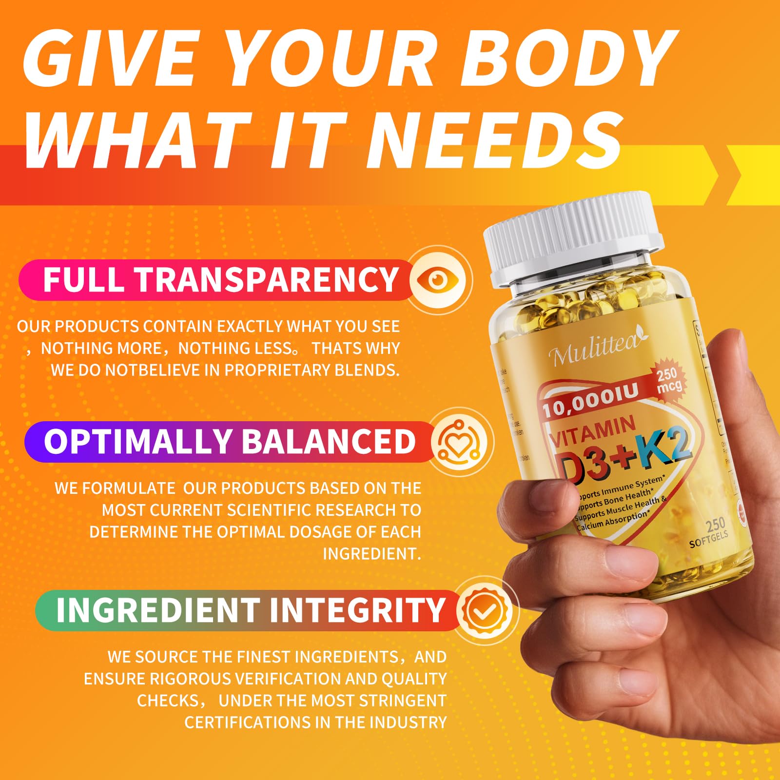 Mulittea Vitamin D3 + K2 MK7 Supplement ingredients list