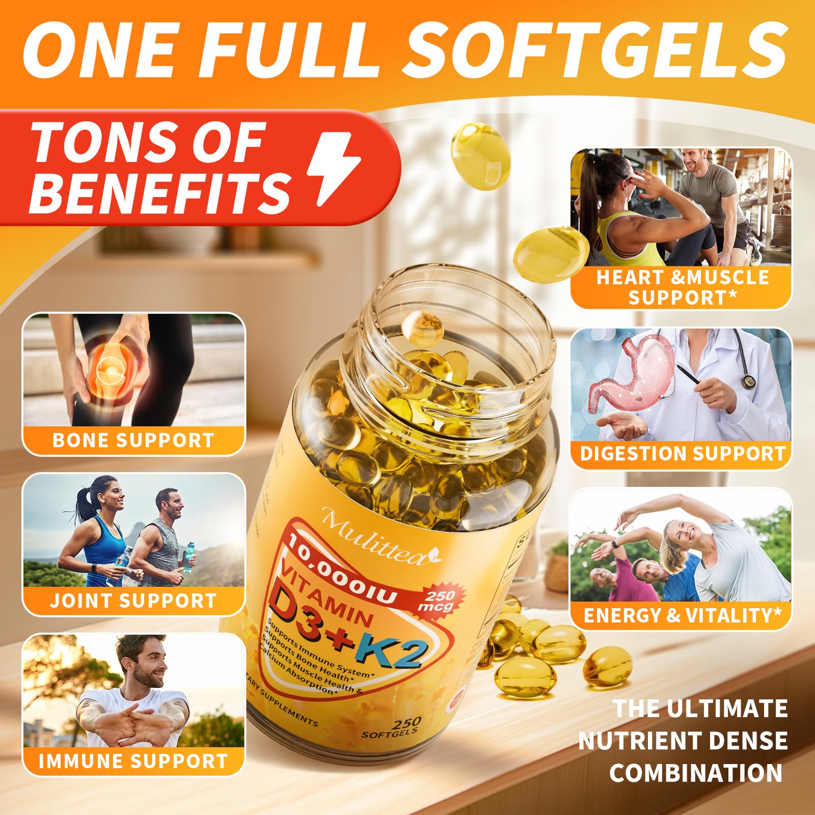 Mulittea Vitamin D3 + K2 MK7 Supplement softgel close-up