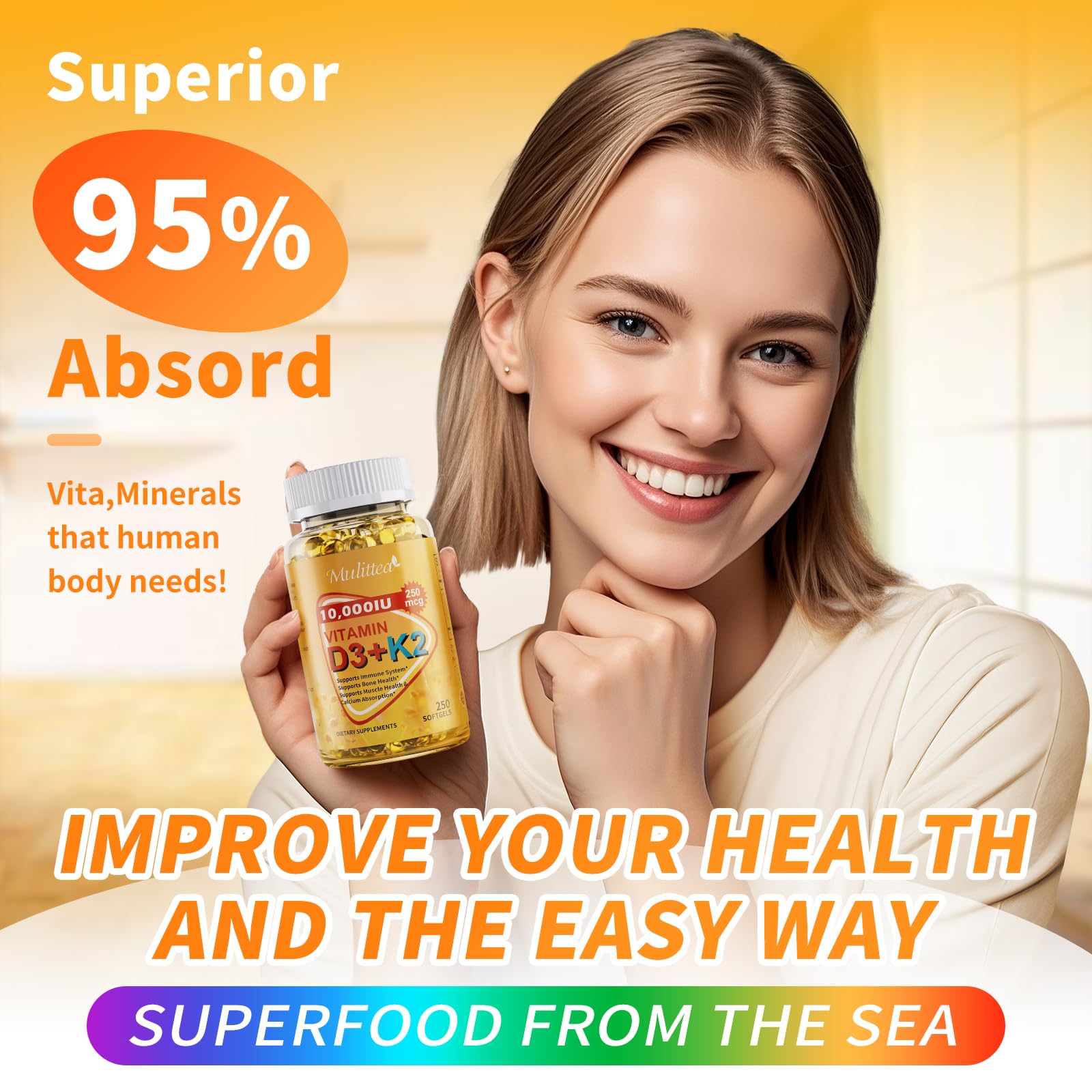 Mulittea Vitamin D3 + K2 MK7 Supplement softgel in hand