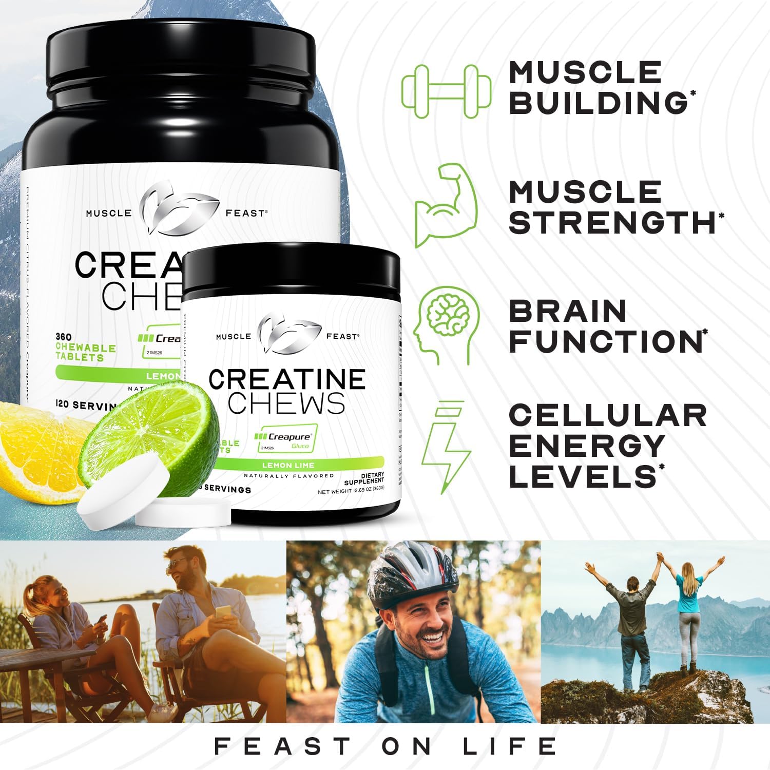 Muscle Feast Creatine Chews lemon lime flavour tablets