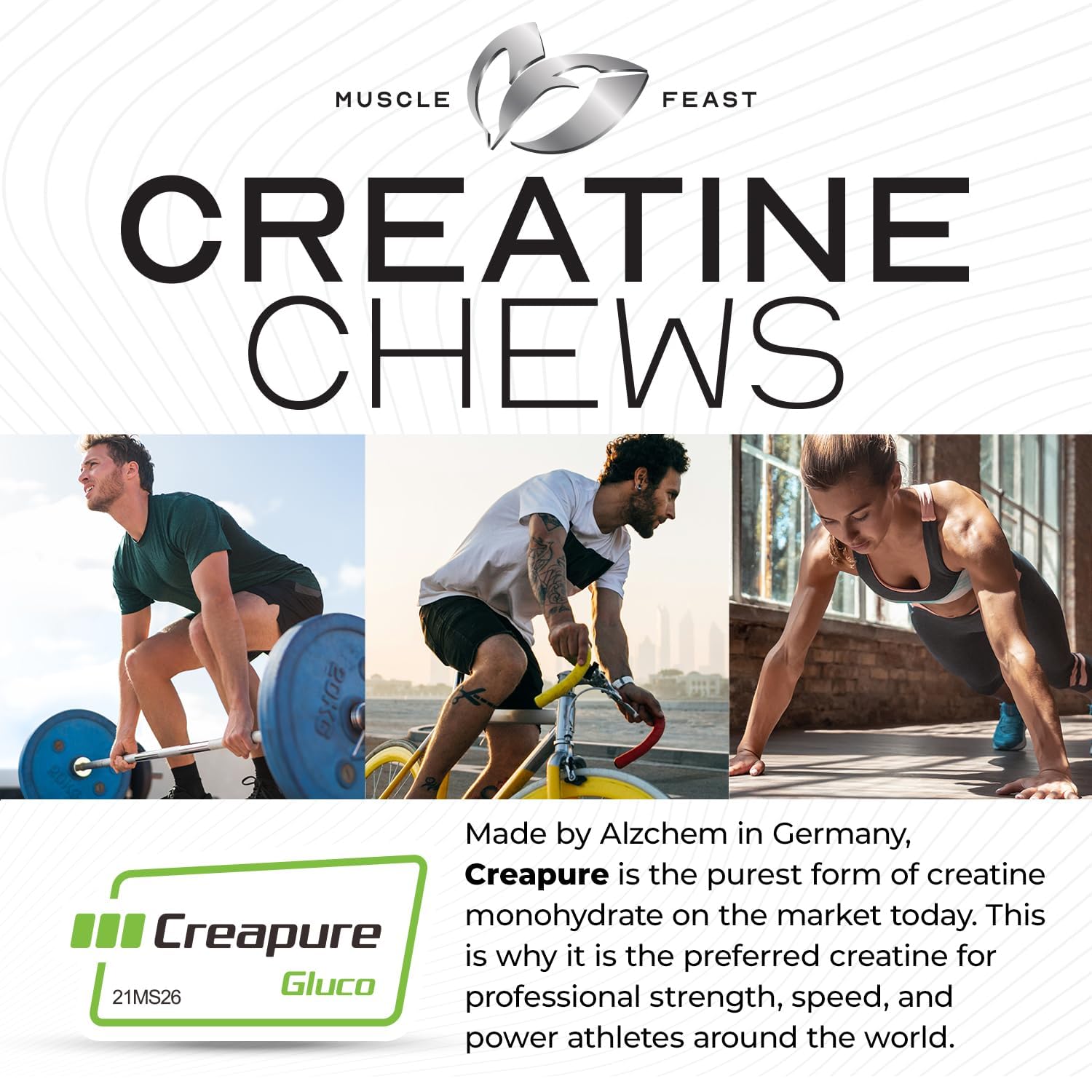 Muscle Feast Creatine Chews side view with dosage information